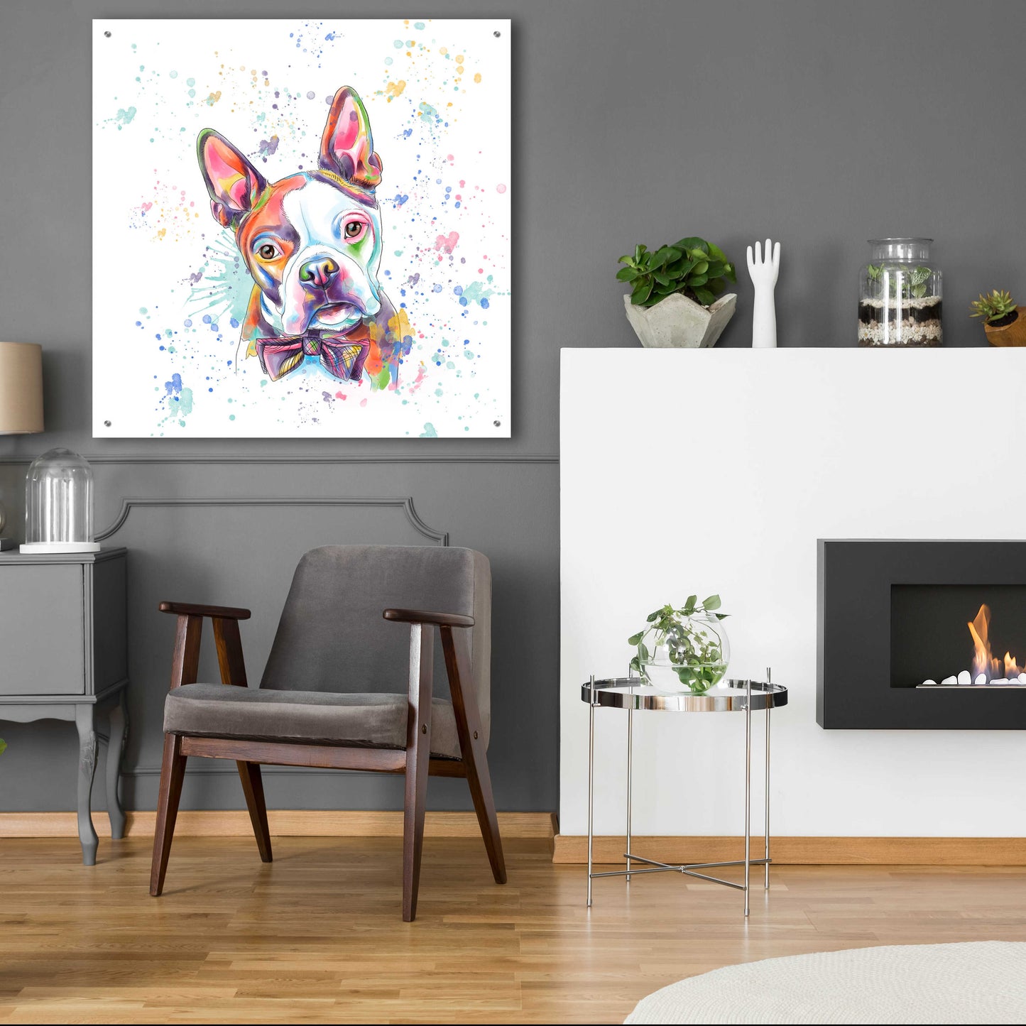 Epic Art 'Colorful Watercolor Boston Terrier' by Furbaby Affiliates, Acrylic Glass Wall Art,36x36