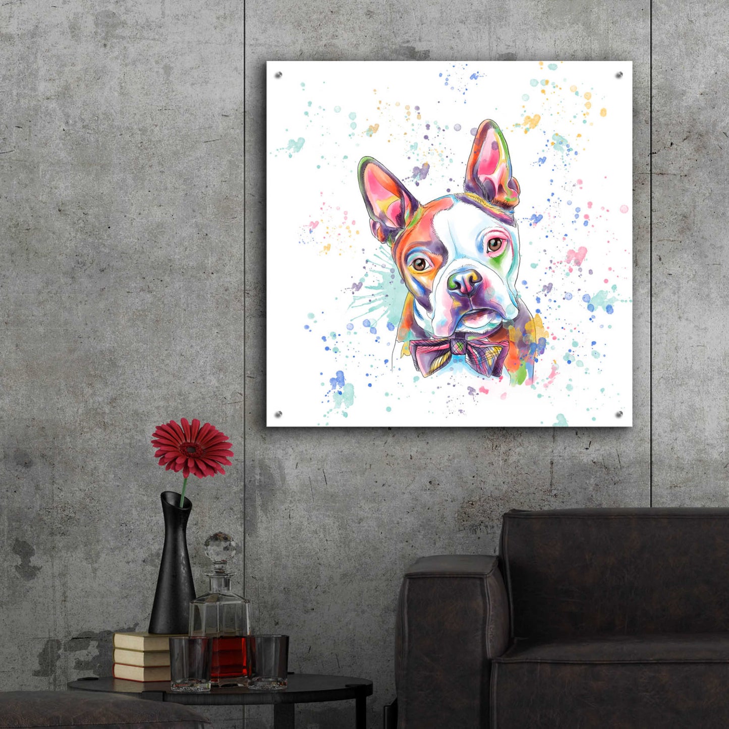 Epic Art 'Colorful Watercolor Boston Terrier' by Furbaby Affiliates, Acrylic Glass Wall Art,36x36