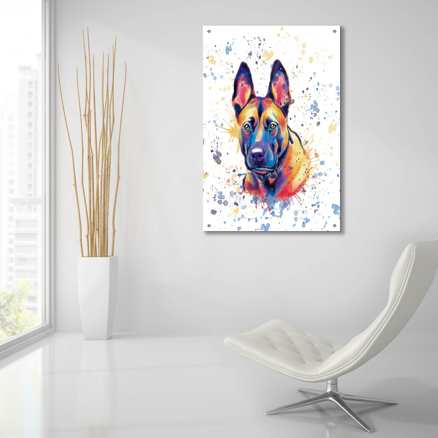 Epic Art 'Colorful Watercolor Belgian Malinois' by Furbaby Affiliates, Acrylic Glass Wall Art,24x36