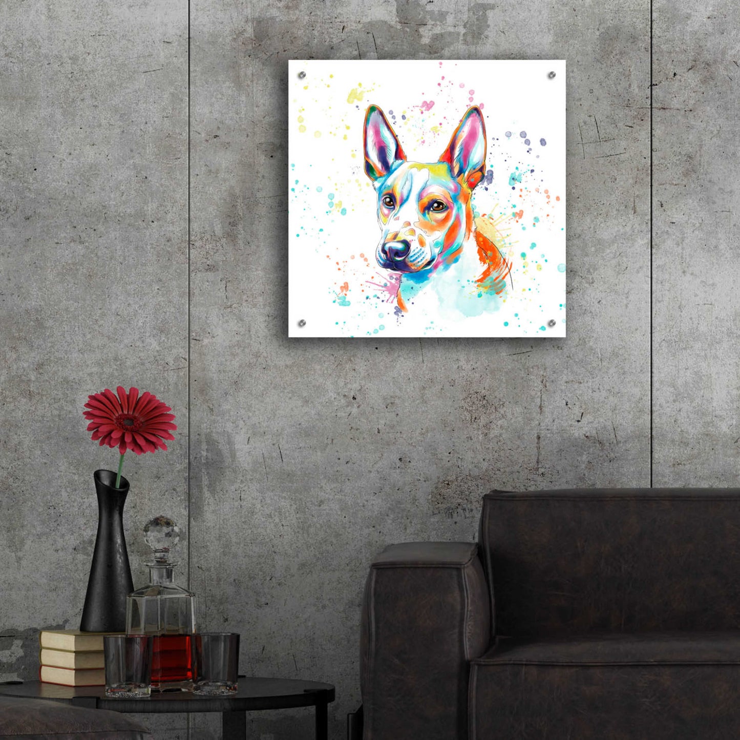 Epic Art 'Colorful Watercolor Basenji' by Furbaby Affiliates, Acrylic Glass Wall Art,24x24