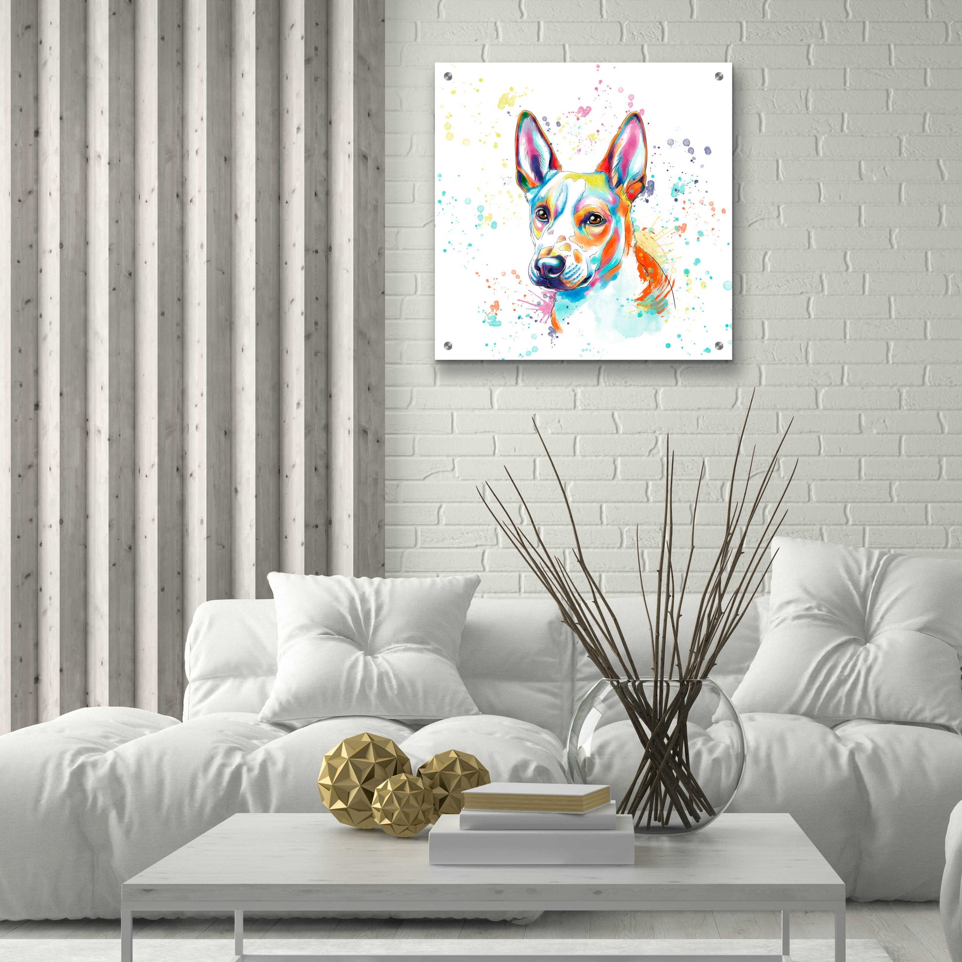 Epic Art 'Colorful Watercolor Basenji' by Furbaby Affiliates, Acrylic Glass Wall Art,24x24