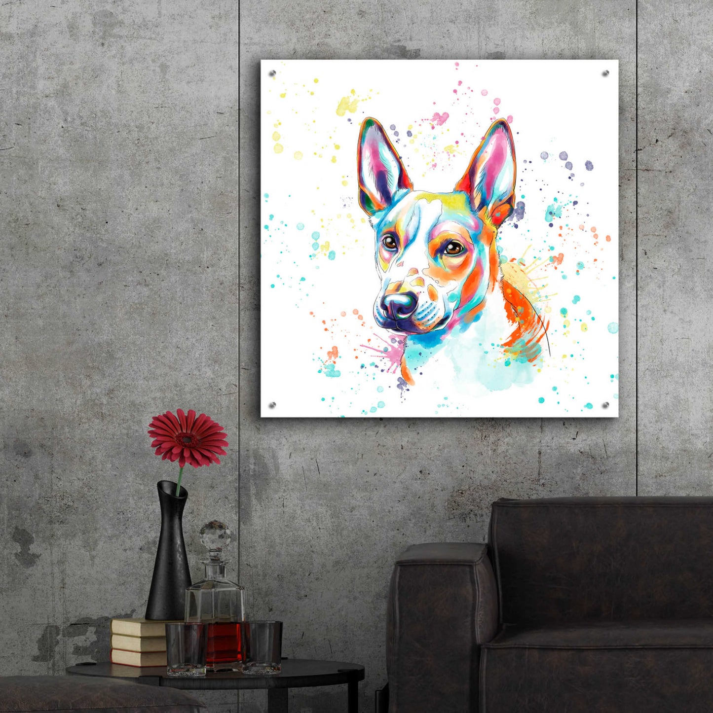 Epic Art 'Colorful Watercolor Basenji' by Furbaby Affiliates, Acrylic Glass Wall Art,36x36