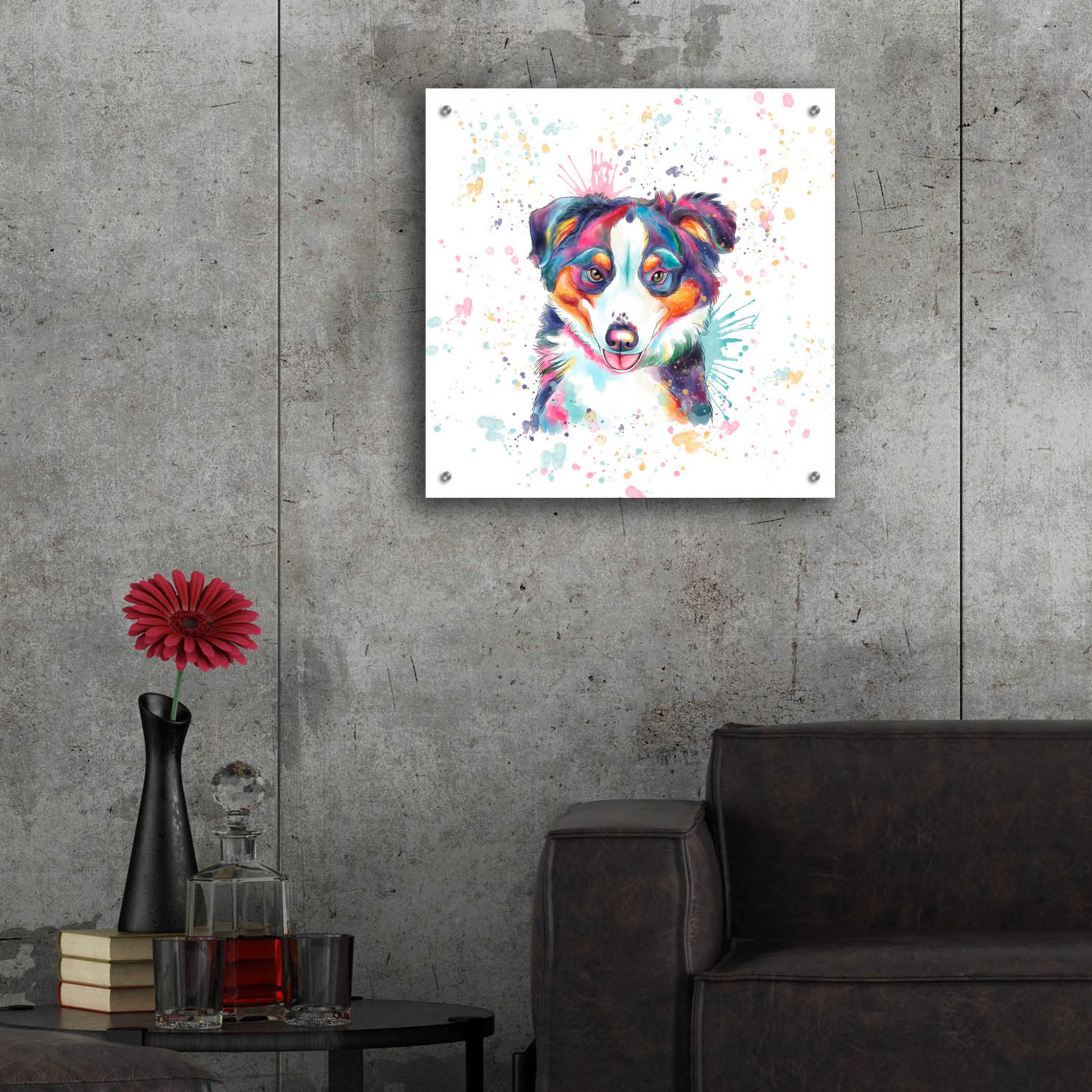 Epic Art 'Colorful Watercolor Australian Shepherd' by Furbaby Affiliates, Acrylic Glass Wall Art,24x24