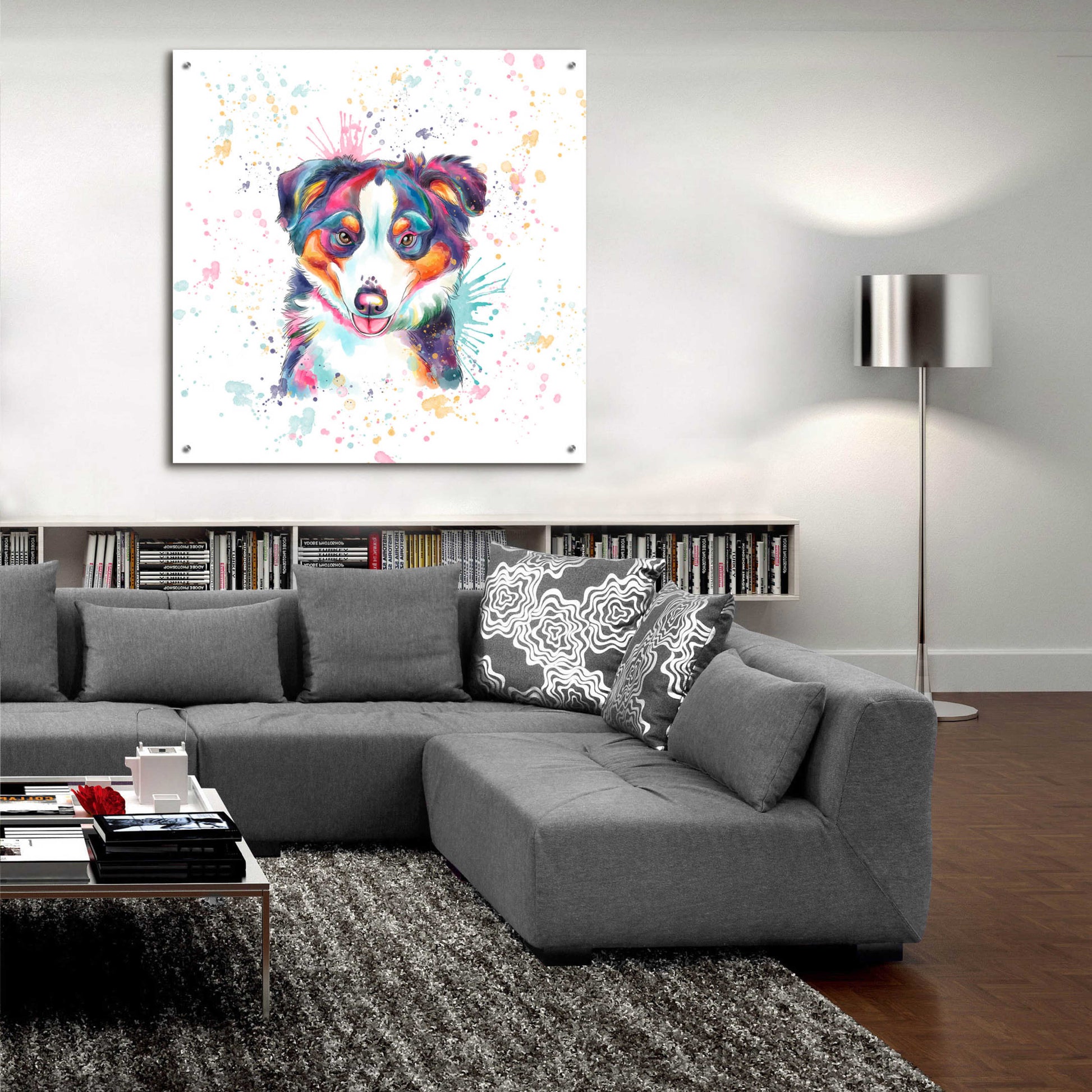 Epic Art 'Colorful Watercolor Australian Shepherd' by Furbaby Affiliates, Acrylic Glass Wall Art,36x36