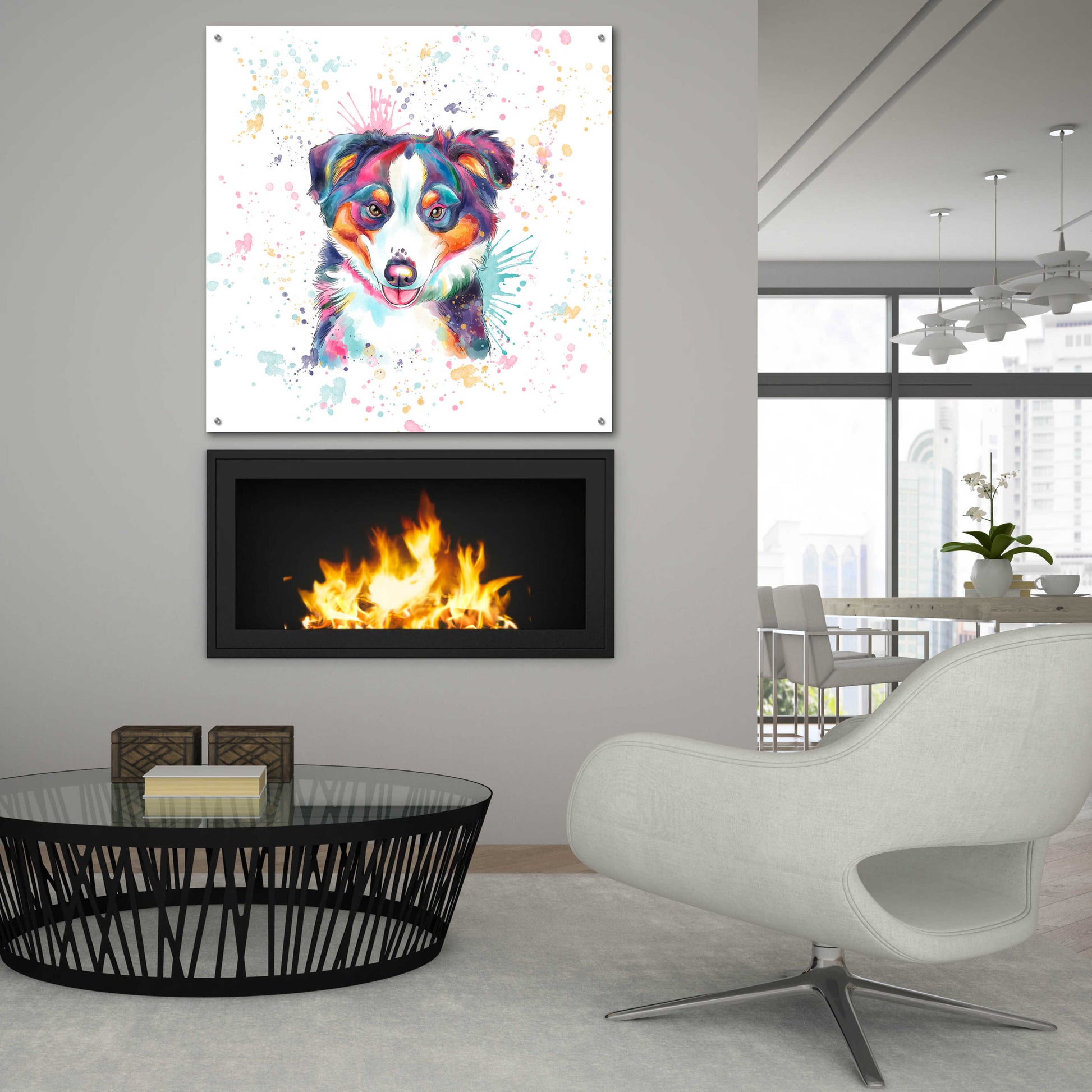 Epic Art 'Colorful Watercolor Australian Shepherd' by Furbaby Affiliates, Acrylic Glass Wall Art,36x36