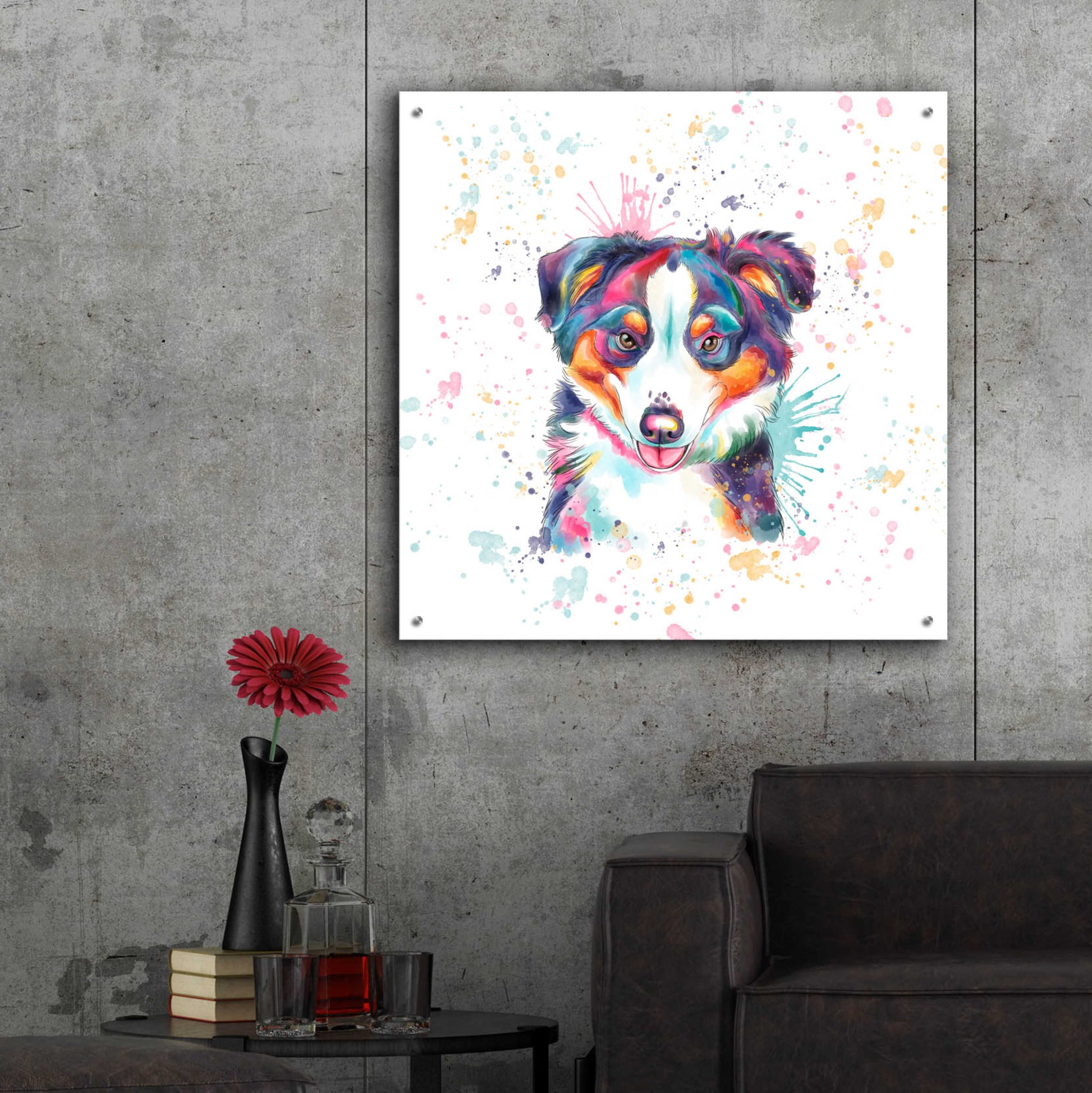 Epic Art 'Colorful Watercolor Australian Shepherd' by Furbaby Affiliates, Acrylic Glass Wall Art,36x36