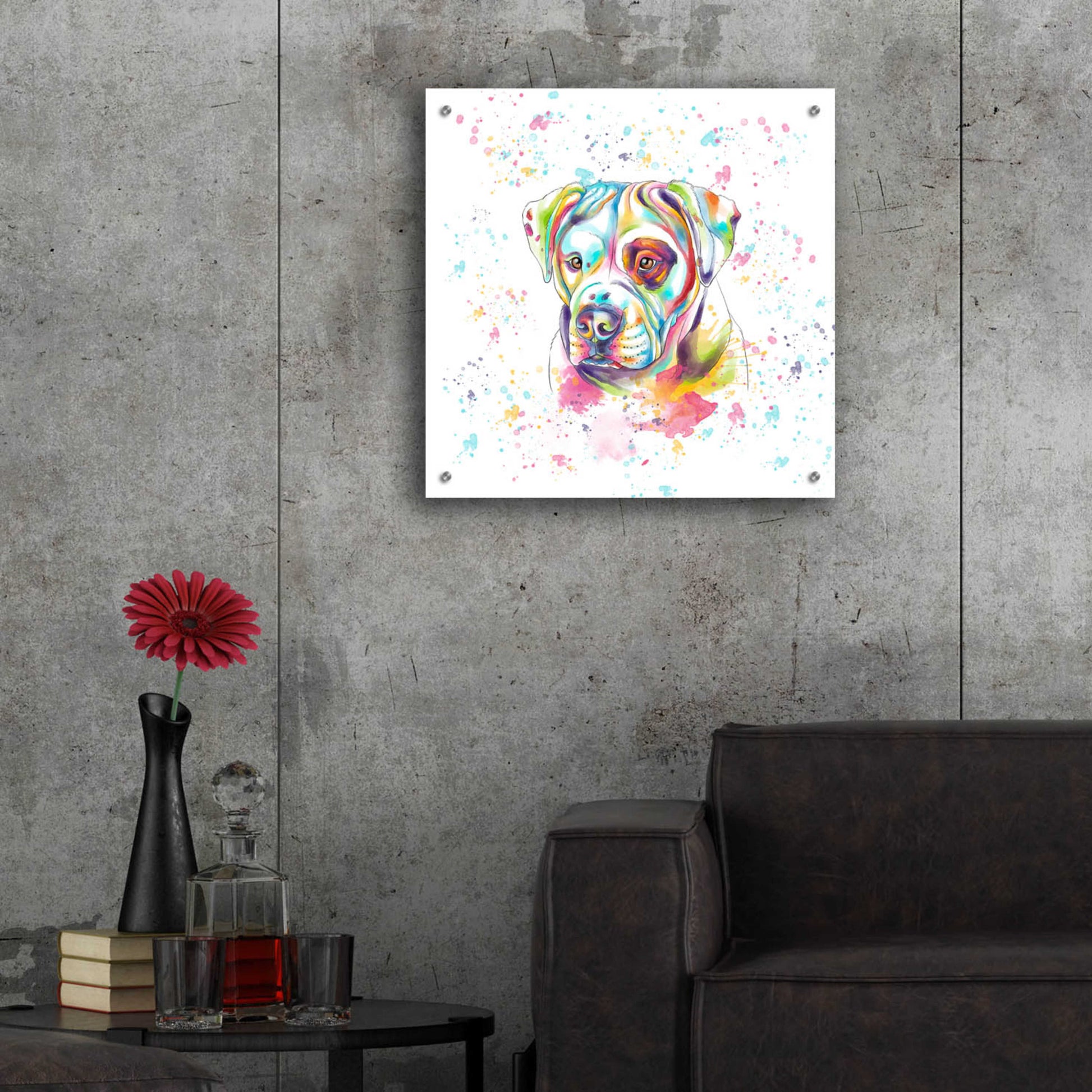 Epic Art 'Colorful Watercolor American Bulldog' by Furbaby Affiliates, Acrylic Glass Wall Art,24x24