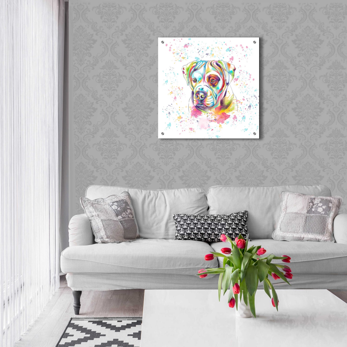 Epic Art 'Colorful Watercolor American Bulldog' by Furbaby Affiliates, Acrylic Glass Wall Art,24x24