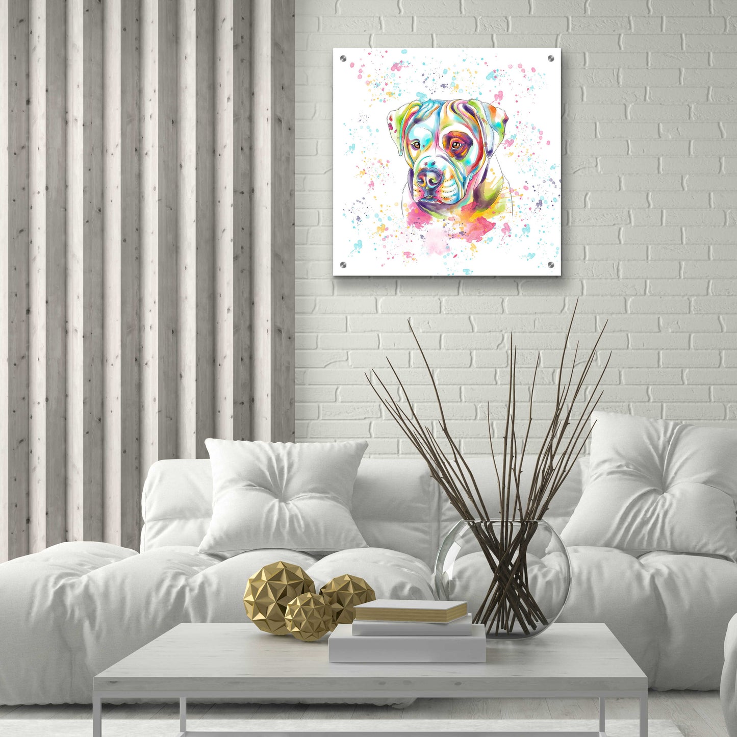 Epic Art 'Colorful Watercolor American Bulldog' by Furbaby Affiliates, Acrylic Glass Wall Art,24x24