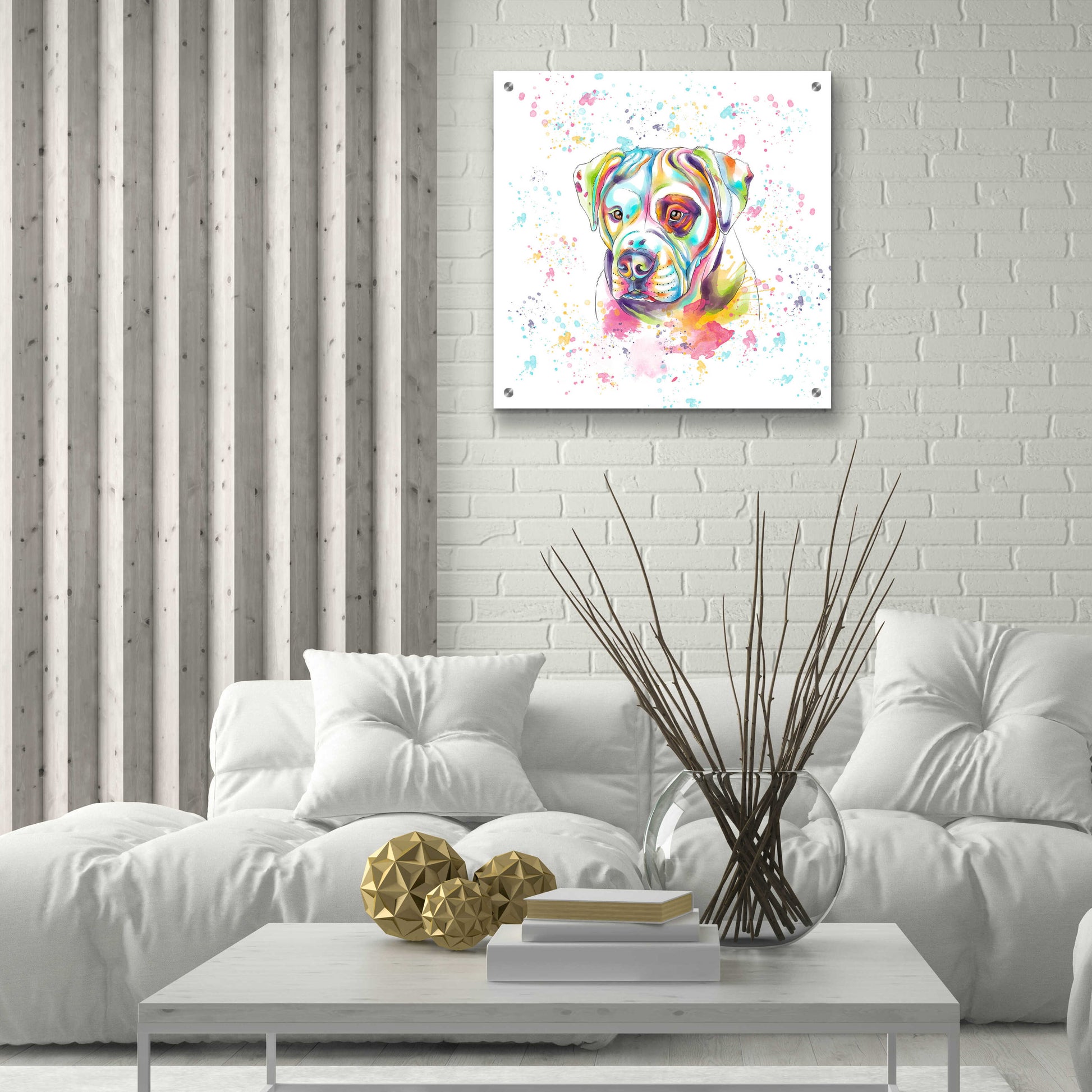 Epic Art 'Colorful Watercolor American Bulldog' by Furbaby Affiliates, Acrylic Glass Wall Art,24x24