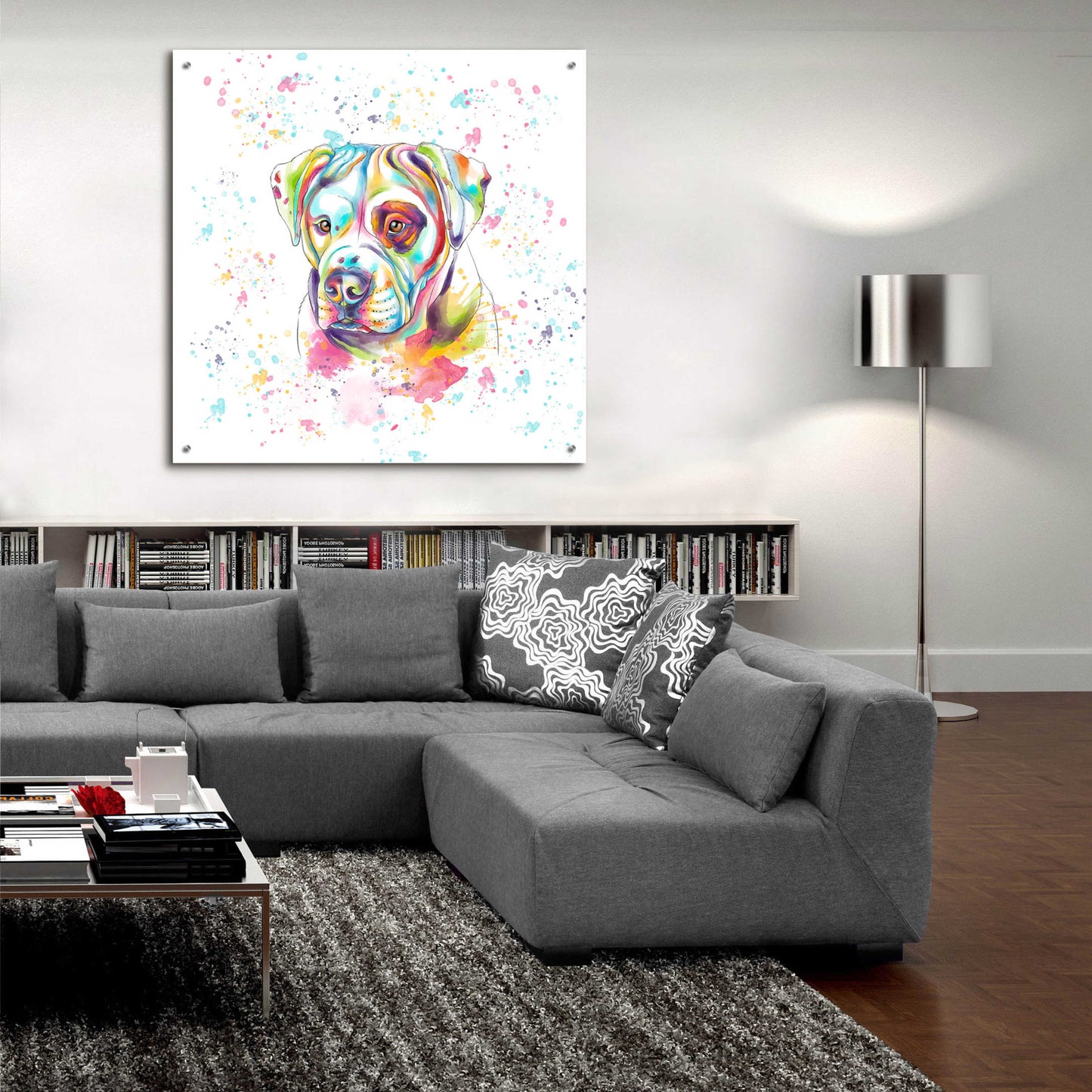 Epic Art 'Colorful Watercolor American Bulldog' by Furbaby Affiliates, Acrylic Glass Wall Art,36x36