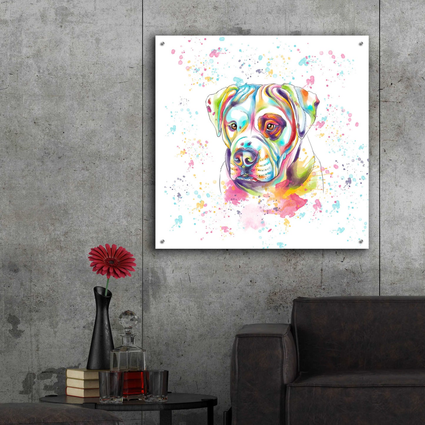 Epic Art 'Colorful Watercolor American Bulldog' by Furbaby Affiliates, Acrylic Glass Wall Art,36x36