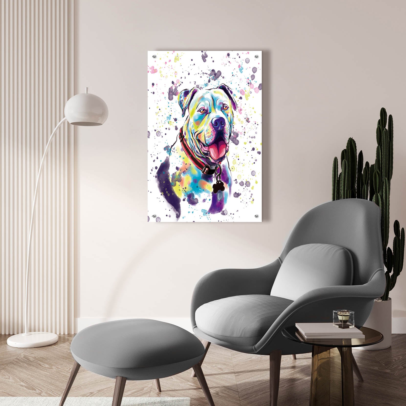 Epic Art 'Colorful Watercolor American Bulldog 2' by Furbaby Affiliates, Acrylic Glass Wall Art,24x36