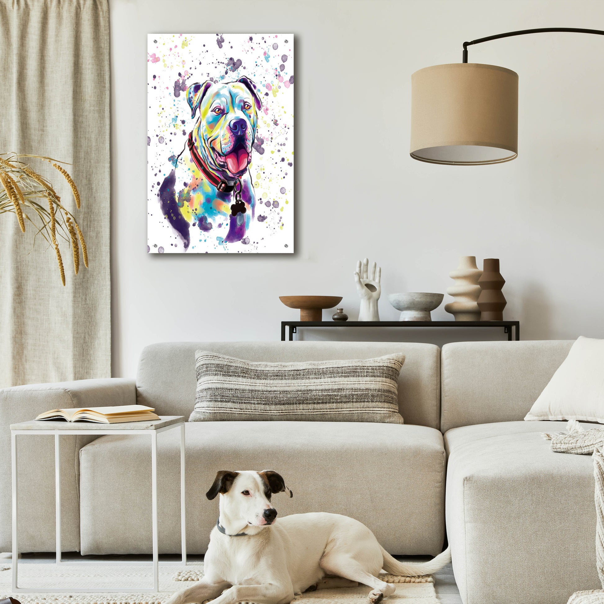 Epic Art 'Colorful Watercolor American Bulldog 2' by Furbaby Affiliates, Acrylic Glass Wall Art,24x36