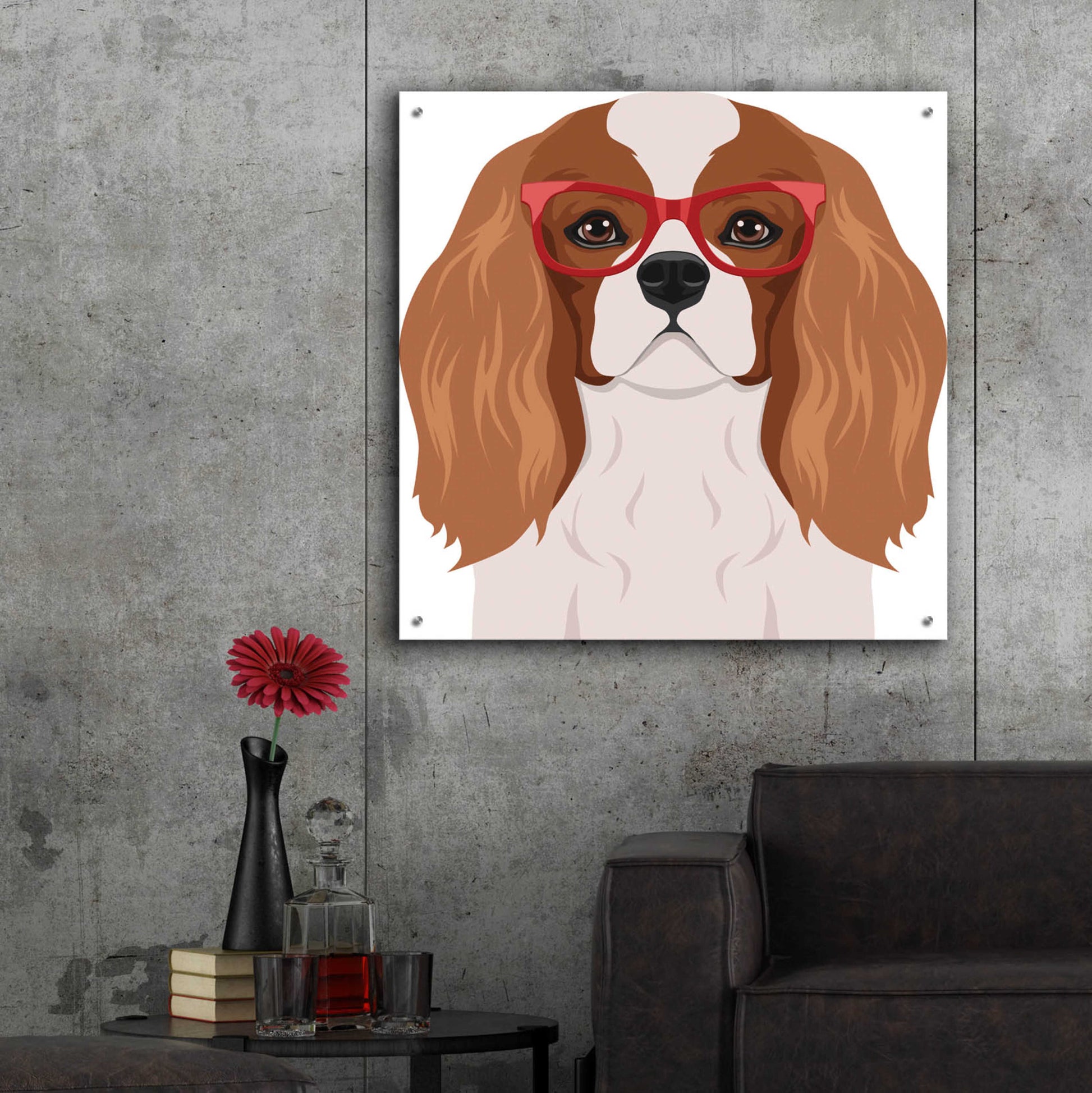 Epic Art 'Cavalier King Charles Spaniel Wearing Hipster Glasses' by Furbaby Affiliates, Acrylic Glass Wall Art,36x36