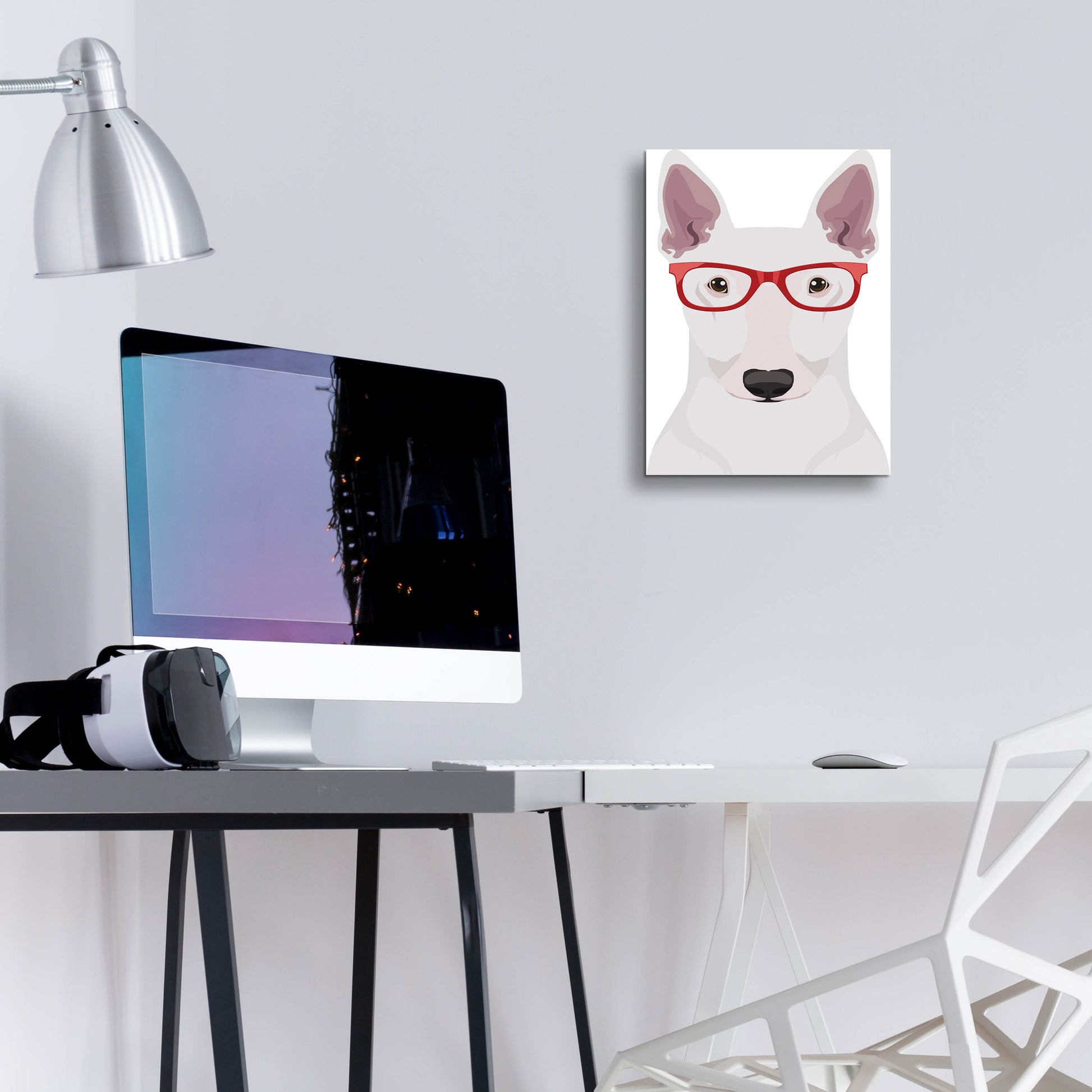 Epic Art 'Bull Terrier Wearing Hipster Glasses' by Furbaby Affiliates, Acrylic Glass Wall Art,12x16