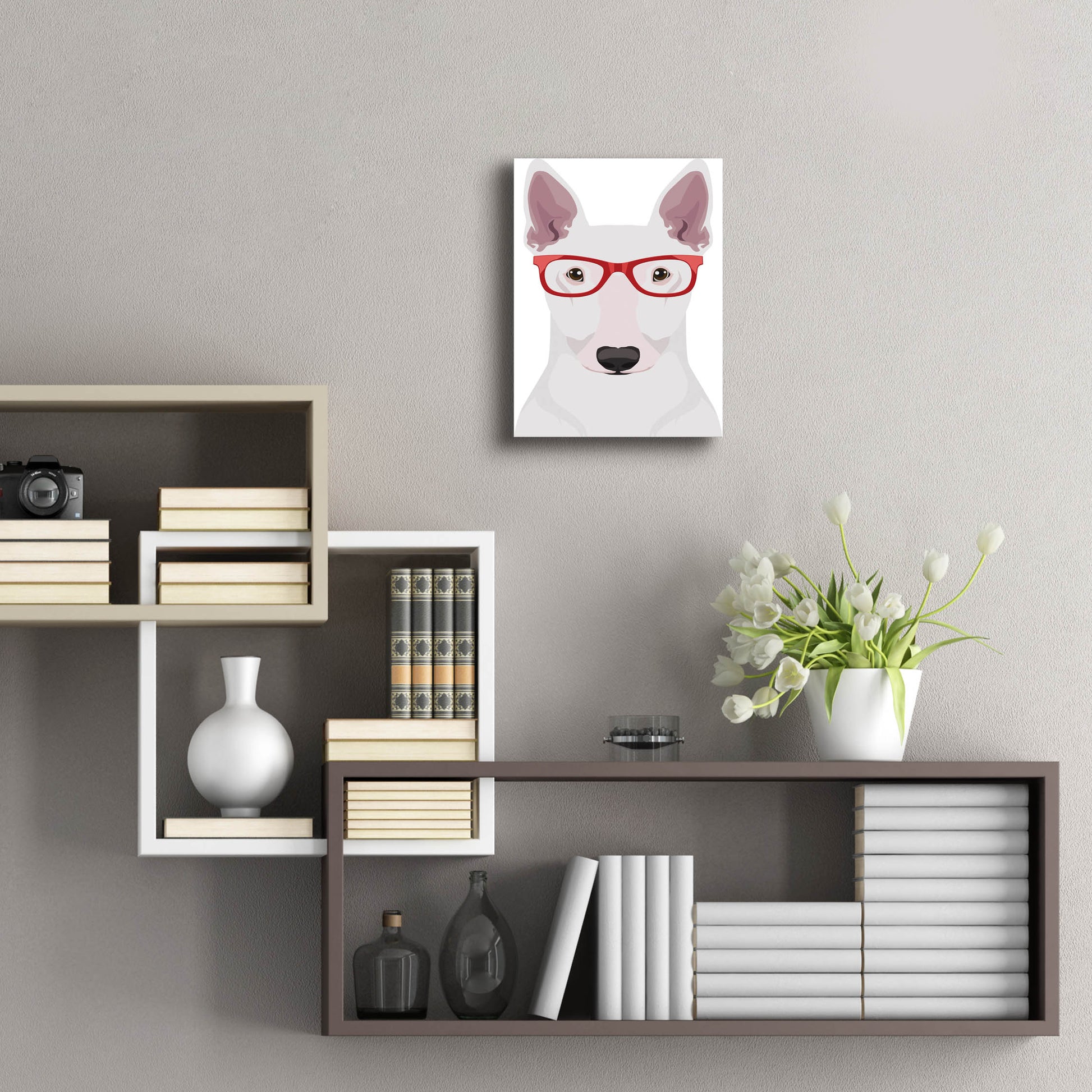 Epic Art 'Bull Terrier Wearing Hipster Glasses' by Furbaby Affiliates, Acrylic Glass Wall Art,12x16