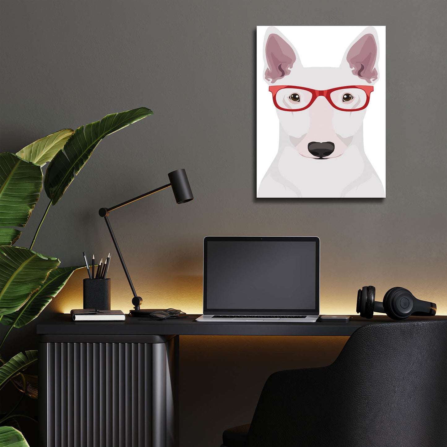 Epic Art 'Bull Terrier Wearing Hipster Glasses' by Furbaby Affiliates, Acrylic Glass Wall Art,12x16