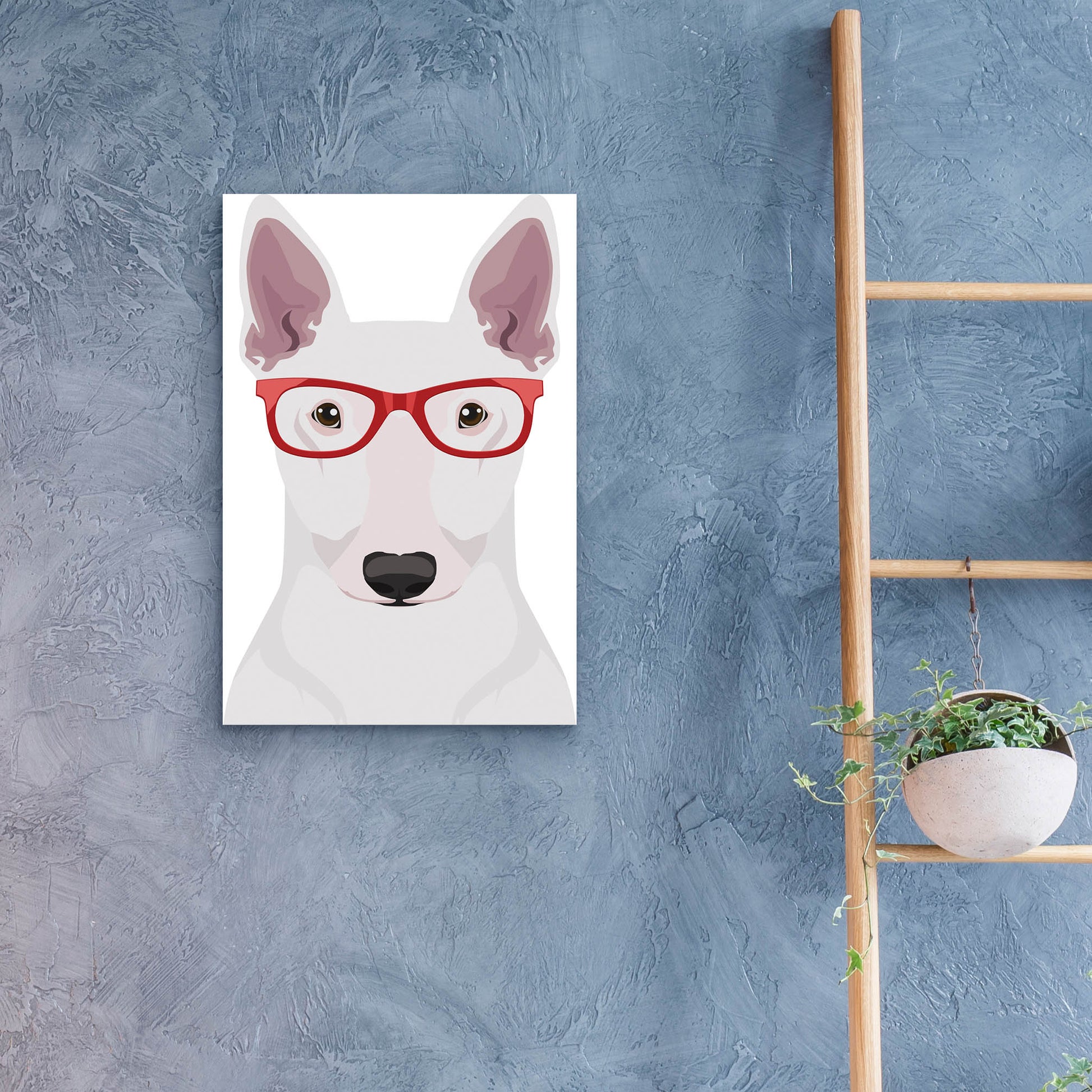 Epic Art 'Bull Terrier Wearing Hipster Glasses' by Furbaby Affiliates, Acrylic Glass Wall Art,16x24