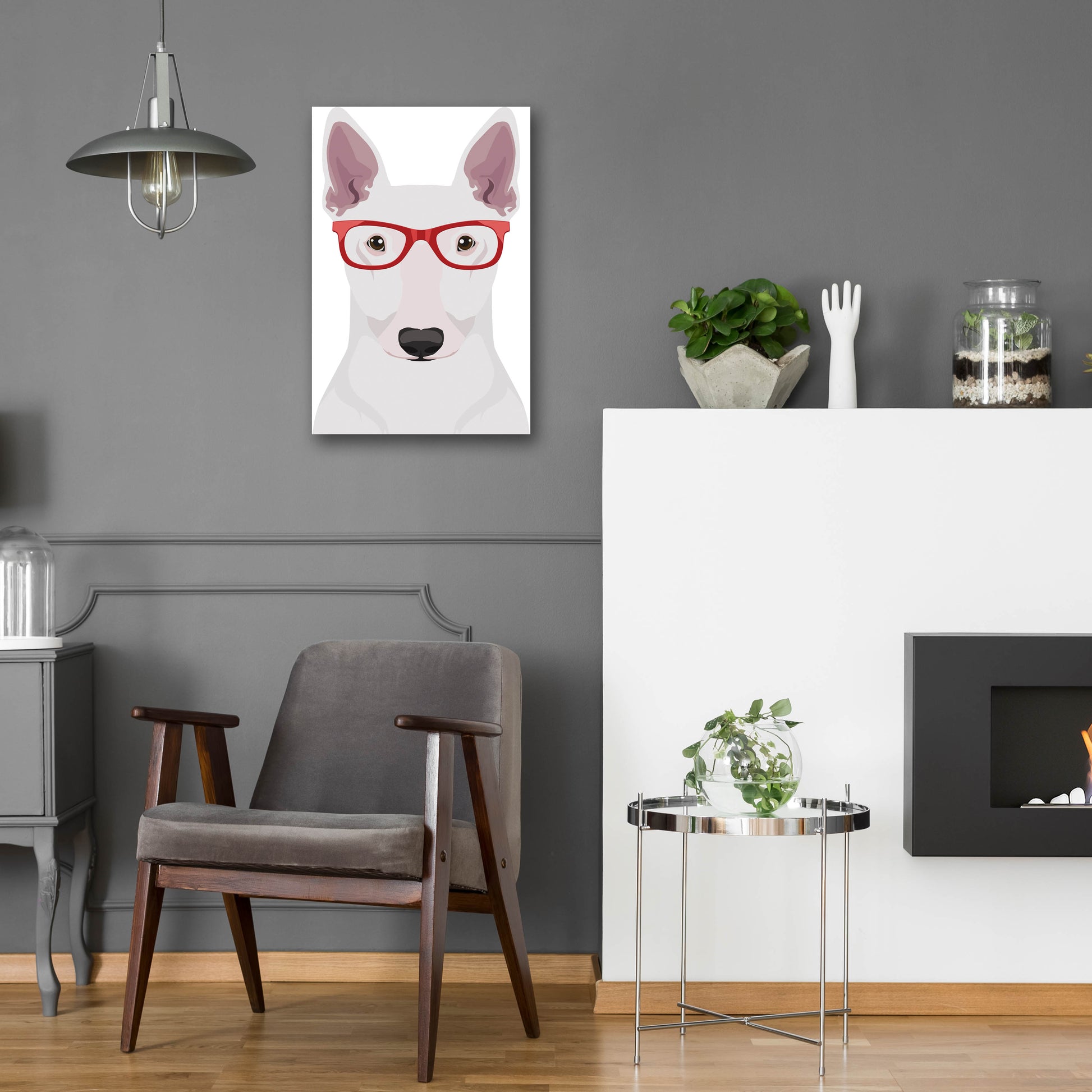 Epic Art 'Bull Terrier Wearing Hipster Glasses' by Furbaby Affiliates, Acrylic Glass Wall Art,16x24