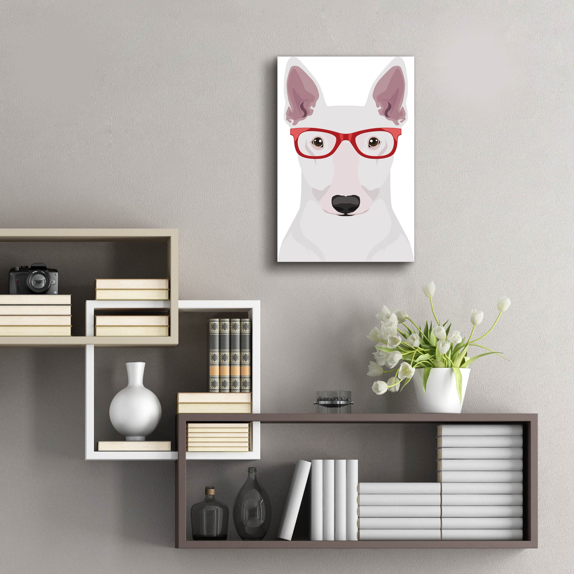 Epic Art 'Bull Terrier Wearing Hipster Glasses' by Furbaby Affiliates, Acrylic Glass Wall Art,16x24