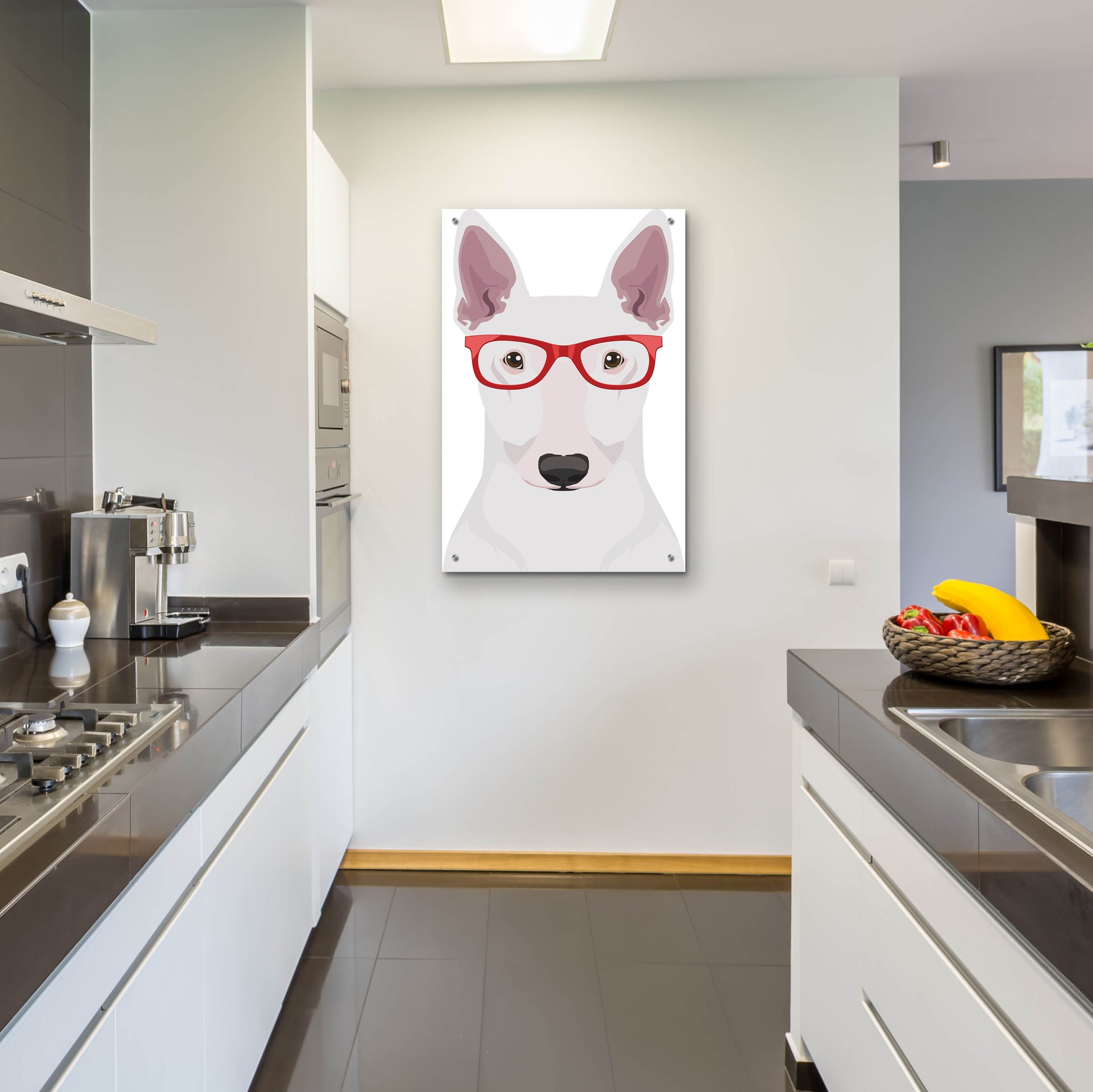 Epic Art 'Bull Terrier Wearing Hipster Glasses' by Furbaby Affiliates, Acrylic Glass Wall Art,24x36