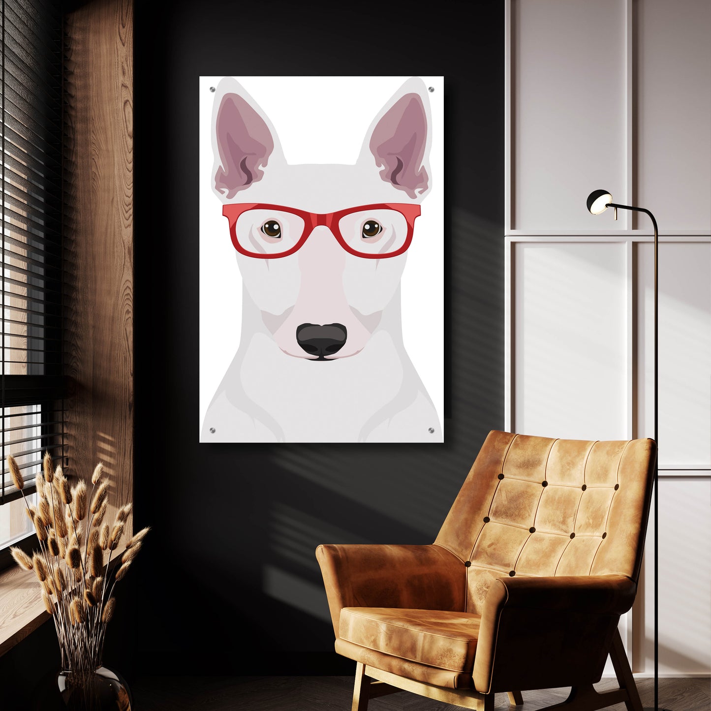 Epic Art 'Bull Terrier Wearing Hipster Glasses' by Furbaby Affiliates, Acrylic Glass Wall Art,24x36