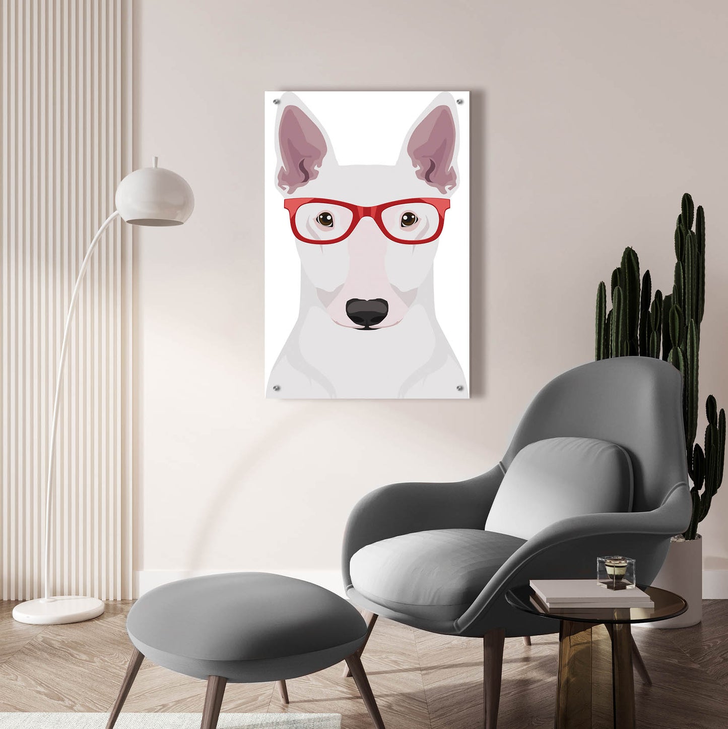 Epic Art 'Bull Terrier Wearing Hipster Glasses' by Furbaby Affiliates, Acrylic Glass Wall Art,24x36