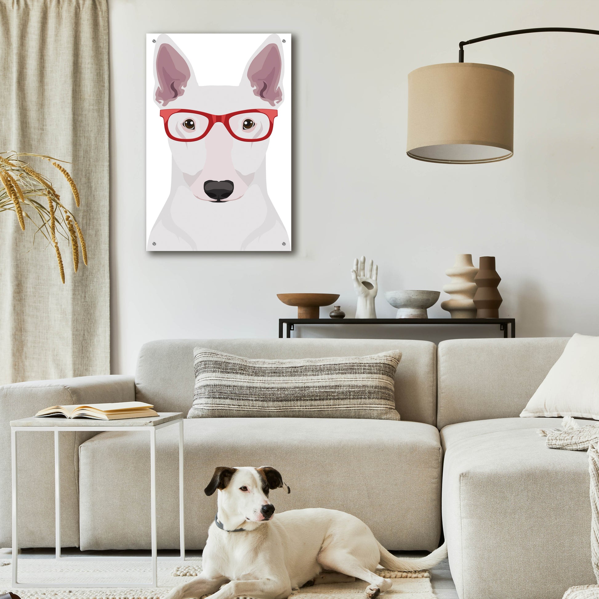 Epic Art 'Bull Terrier Wearing Hipster Glasses' by Furbaby Affiliates, Acrylic Glass Wall Art,24x36