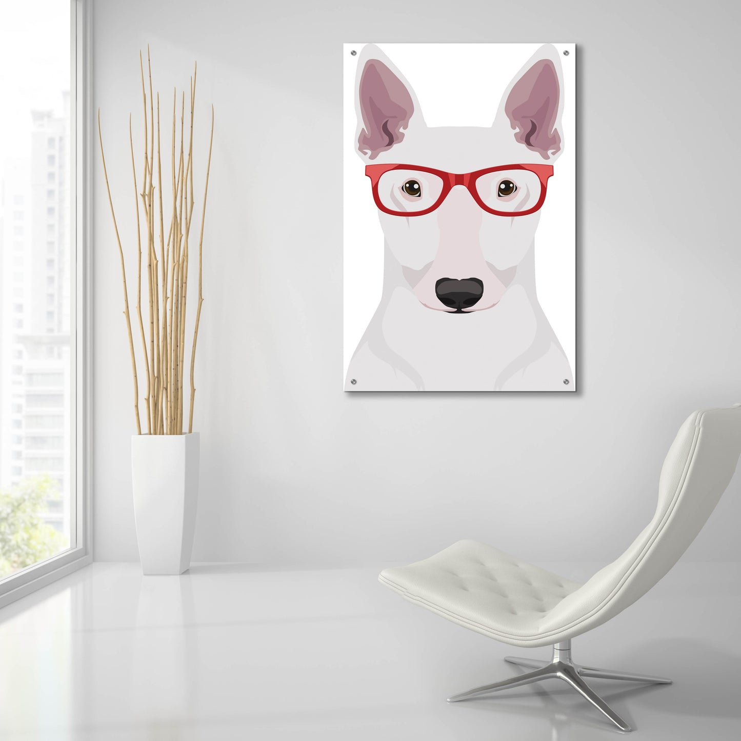 Epic Art 'Bull Terrier Wearing Hipster Glasses' by Furbaby Affiliates, Acrylic Glass Wall Art,24x36