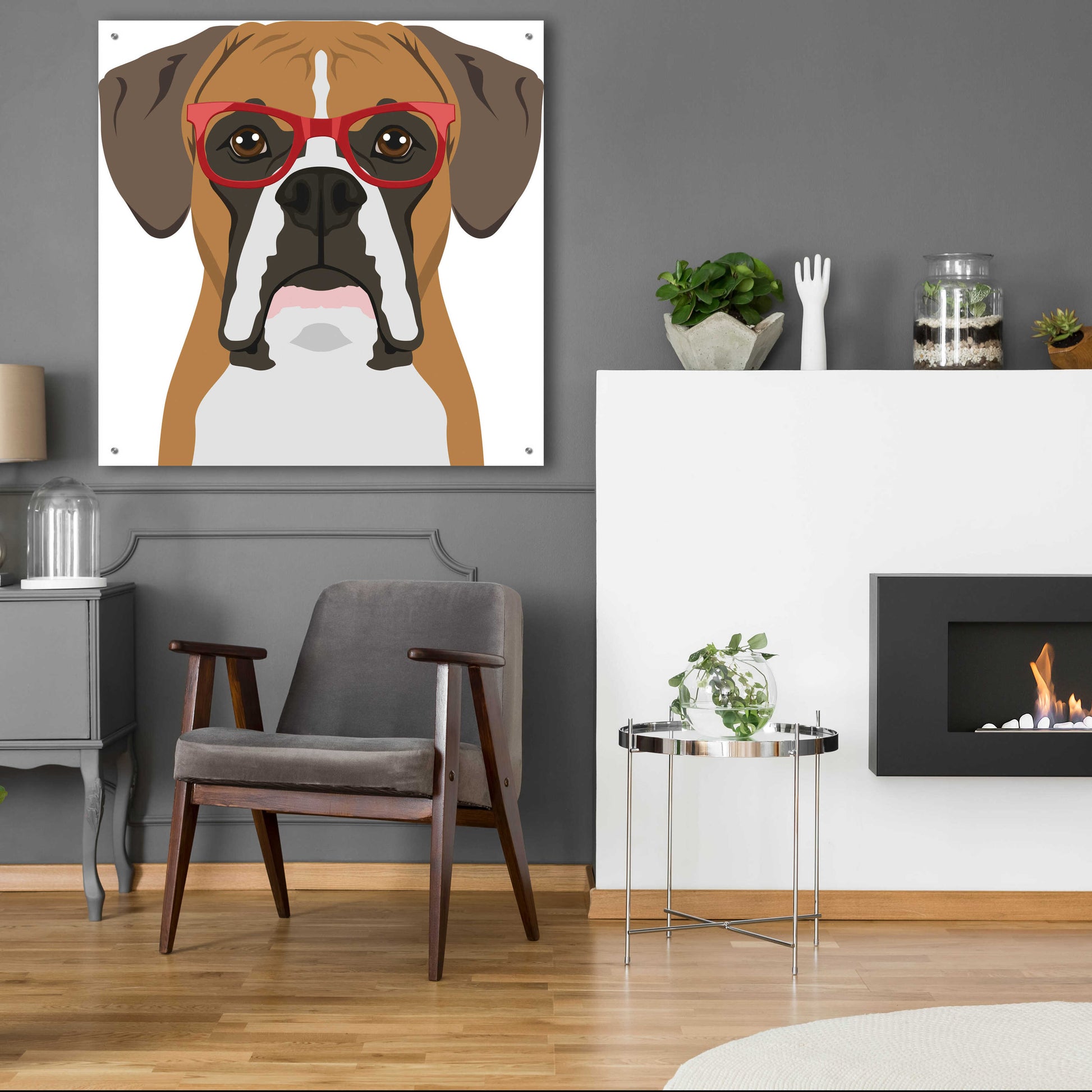 Epic Art 'Boxer Wearing Hipster Glasses' by Furbaby Affiliates, Acrylic Glass Wall Art,36x36