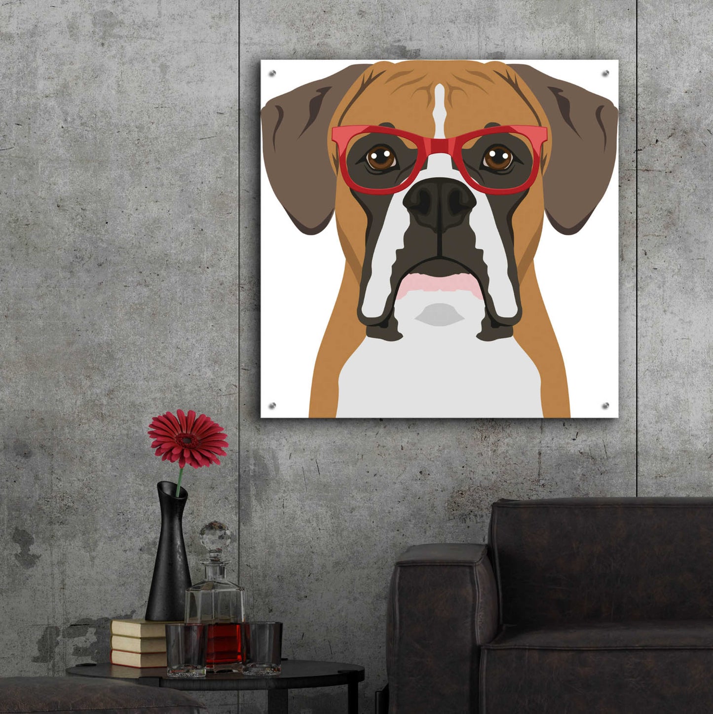 Epic Art 'Boxer Wearing Hipster Glasses' by Furbaby Affiliates, Acrylic Glass Wall Art,36x36