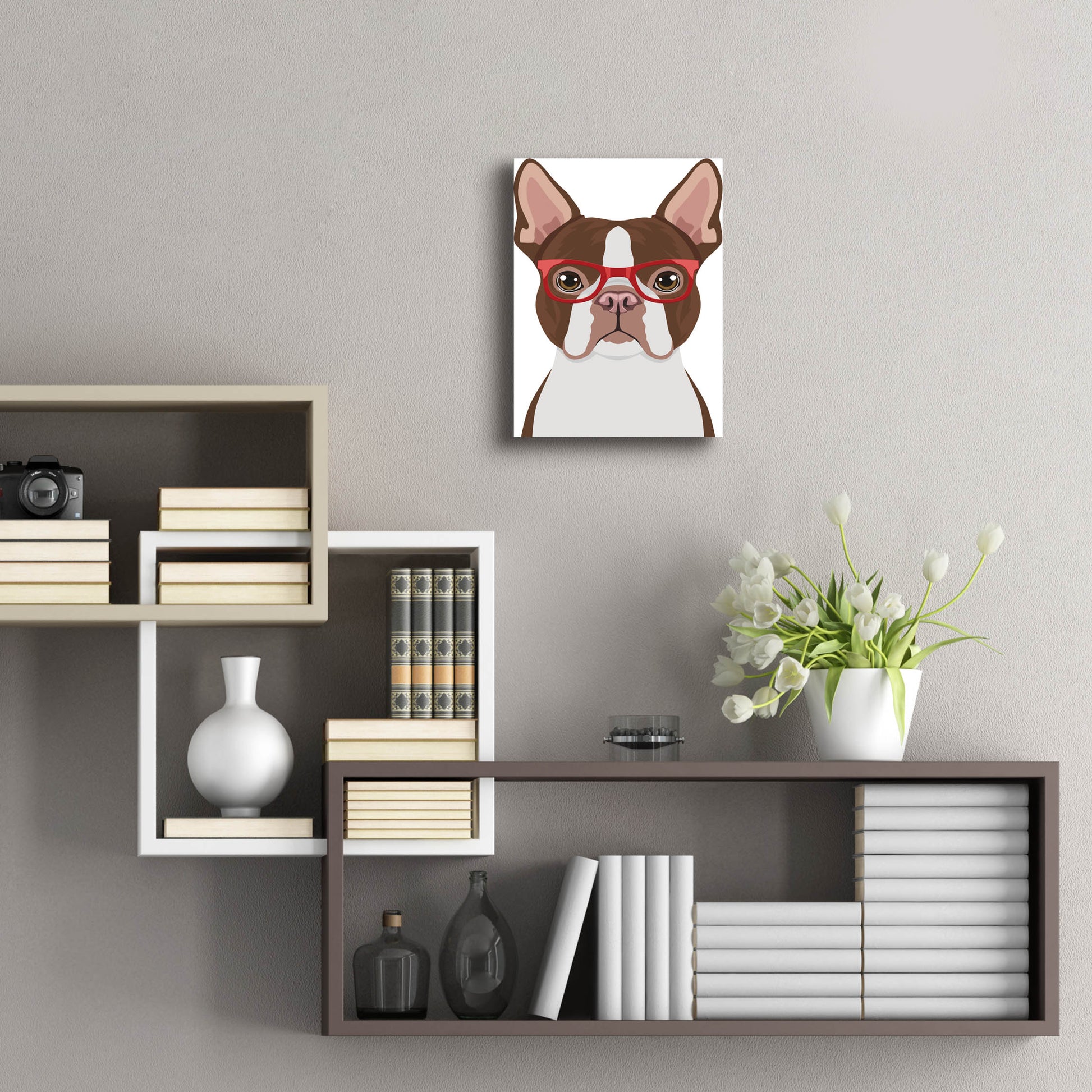 Epic Art 'Boston Terrier Wearing Hipster Glasses 2' by Furbaby Affiliates, Acrylic Glass Wall Art,12x16