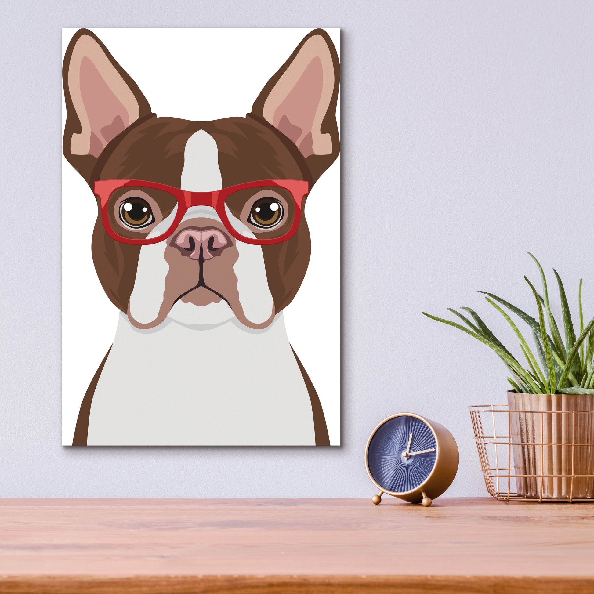 Epic Art 'Boston Terrier Wearing Hipster Glasses 2' by Furbaby Affiliates, Acrylic Glass Wall Art,12x16