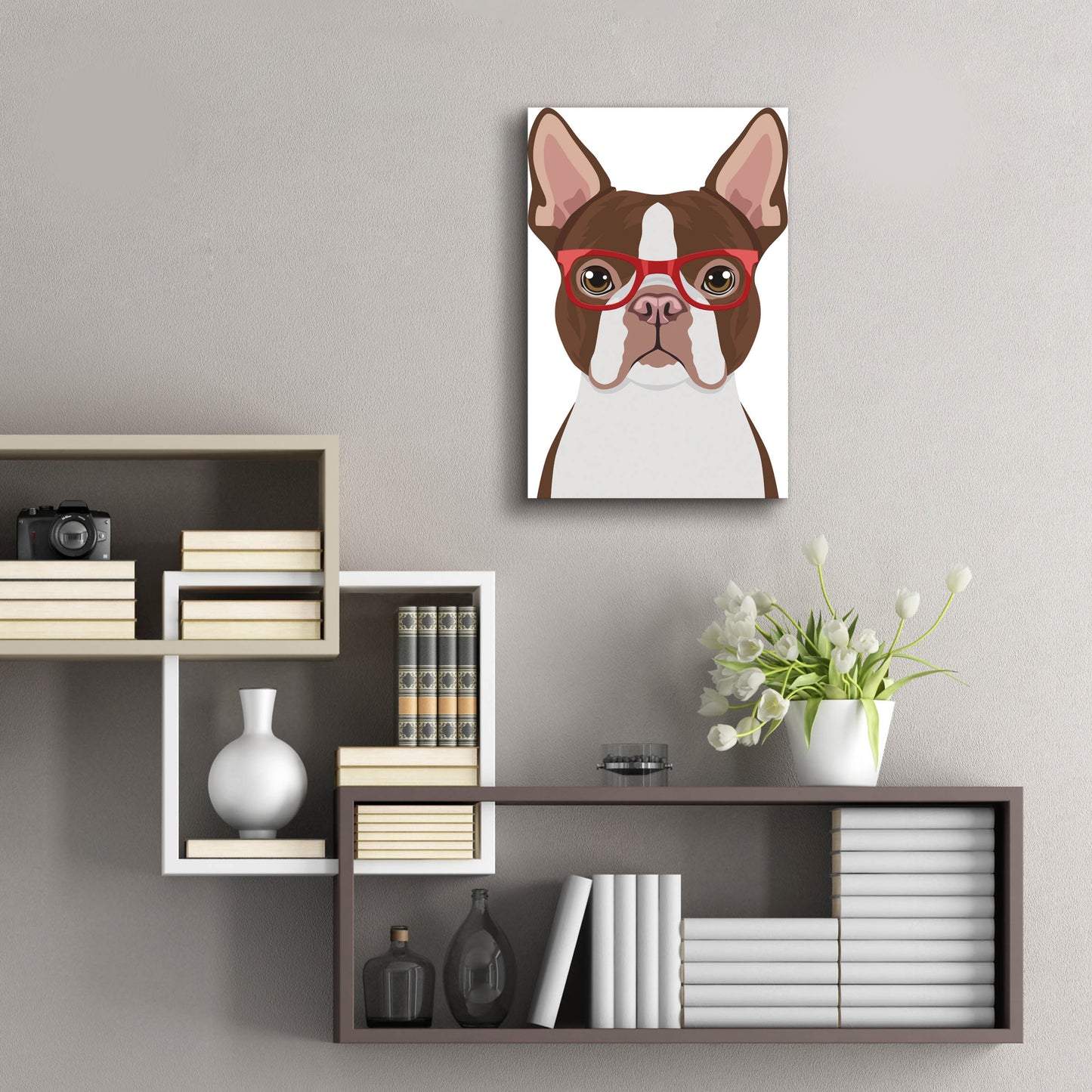 Epic Art 'Boston Terrier Wearing Hipster Glasses 2' by Furbaby Affiliates, Acrylic Glass Wall Art,16x24