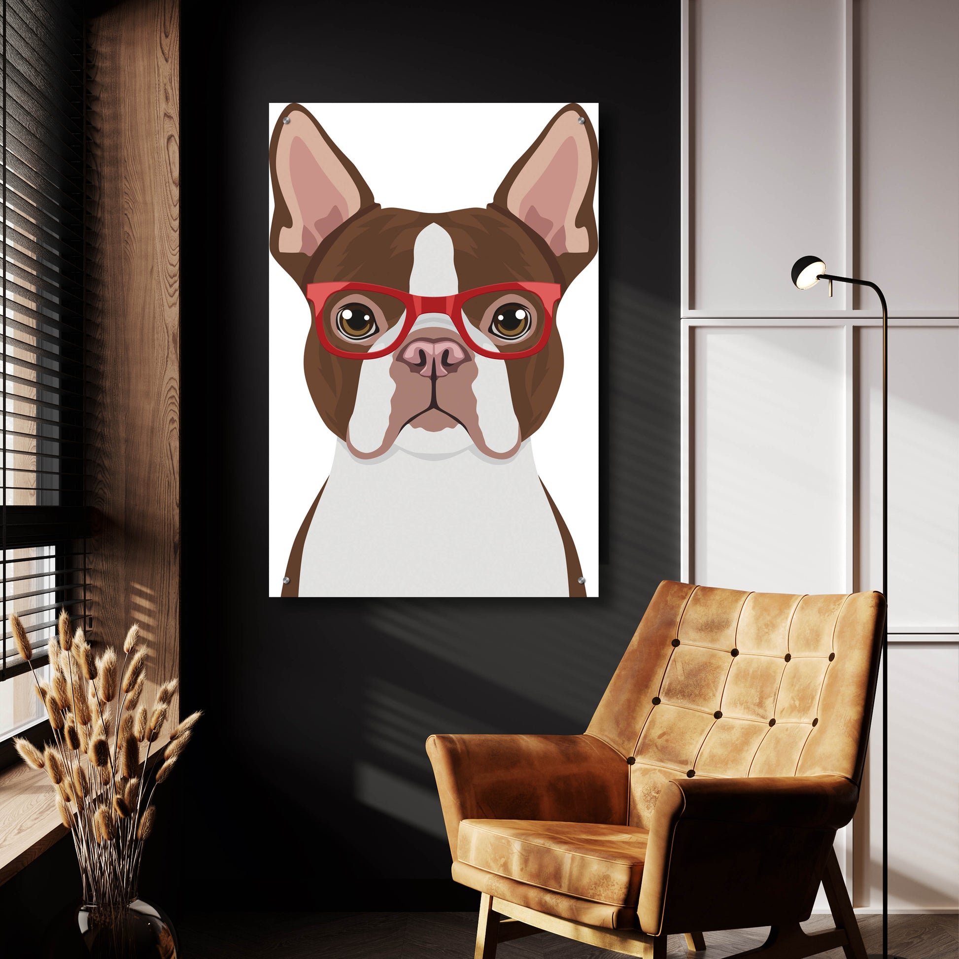 Epic Art 'Boston Terrier Wearing Hipster Glasses 2' by Furbaby Affiliates, Acrylic Glass Wall Art,24x36