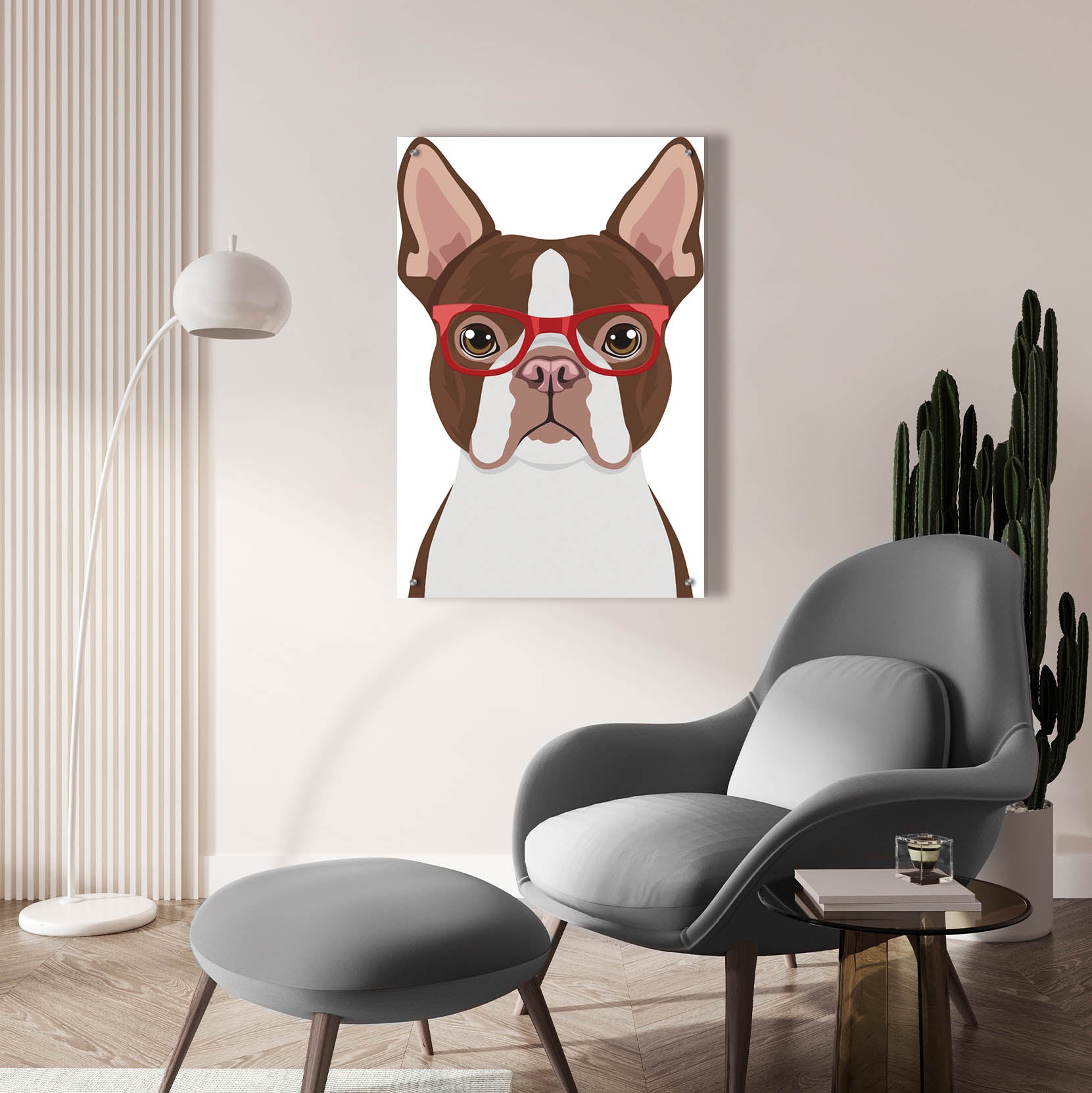 Epic Art 'Boston Terrier Wearing Hipster Glasses 2' by Furbaby Affiliates, Acrylic Glass Wall Art,24x36