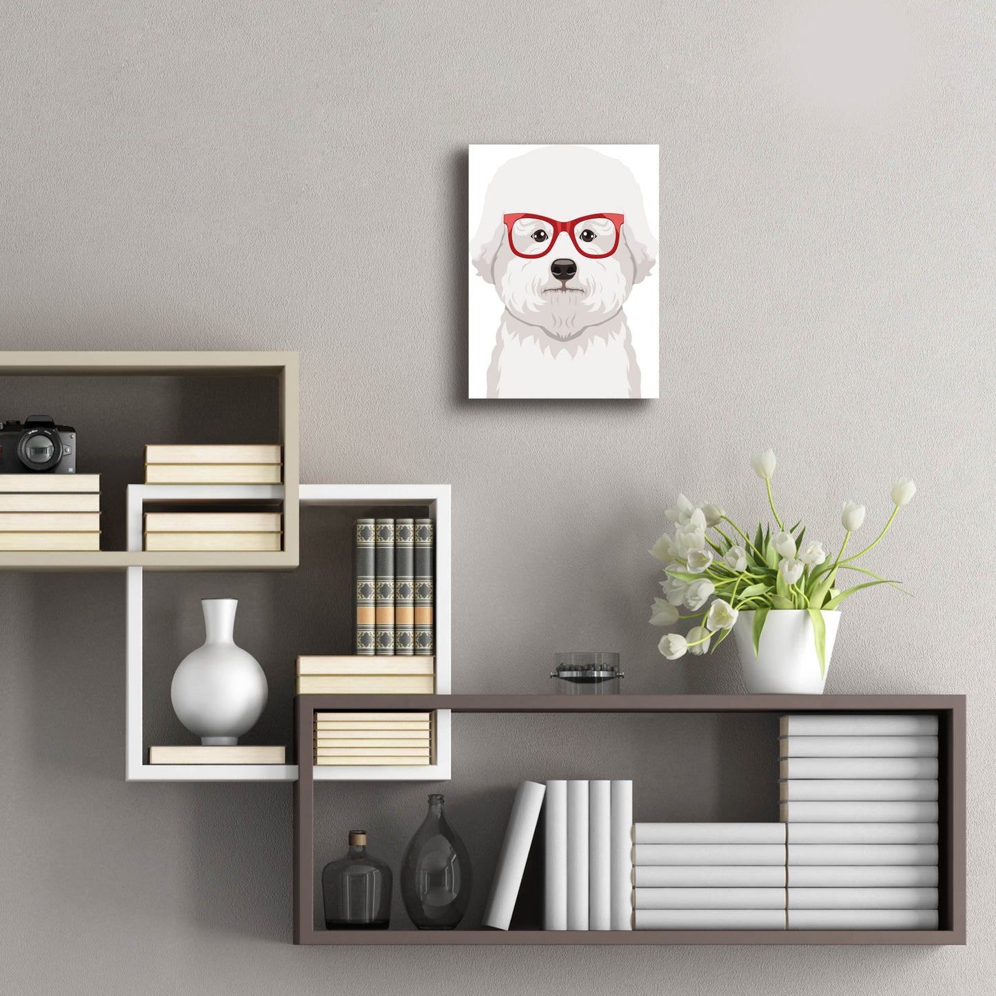 Epic Art 'Bichon Wearing Hipster Glasses' by Furbaby Affiliates, Acrylic Glass Wall Art,12x16