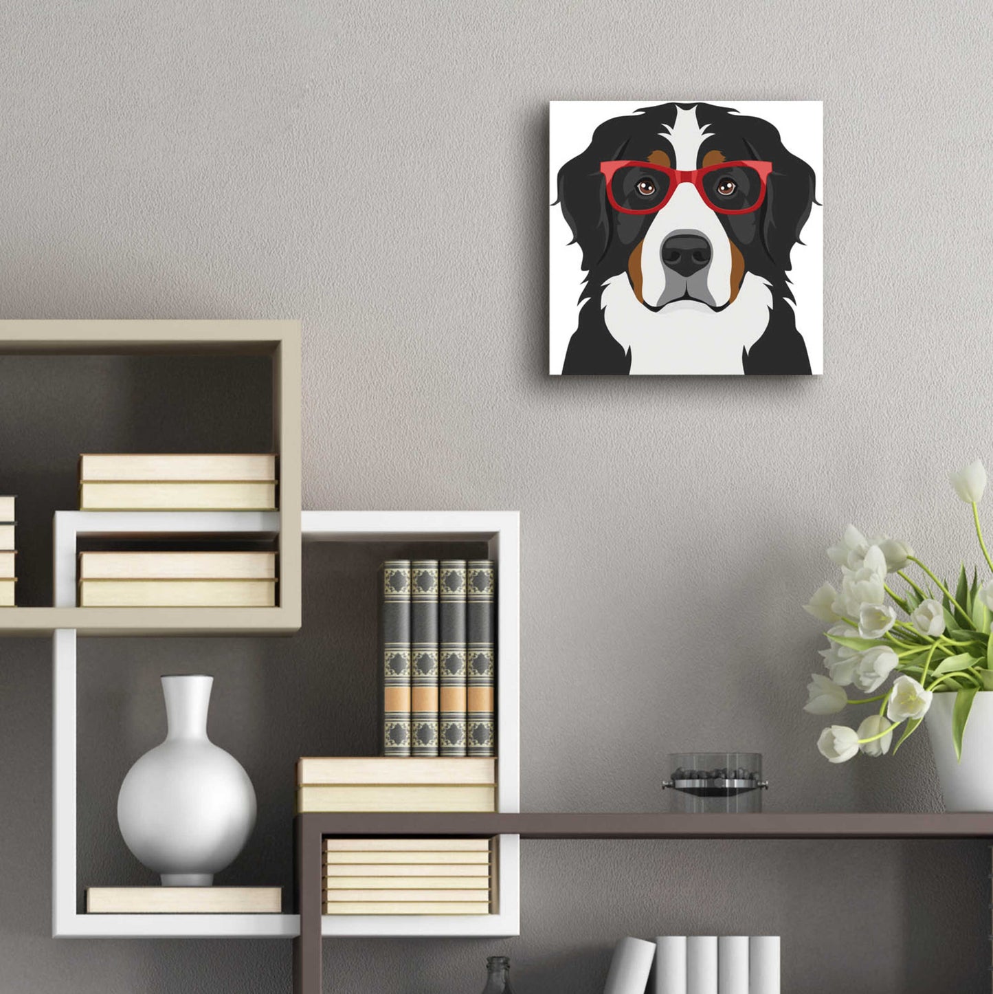 Epic Art 'Bernese Mountain Dog Wearing Hipster Glasses' by Furbaby Affiliates, Acrylic Glass Wall Art,12x12