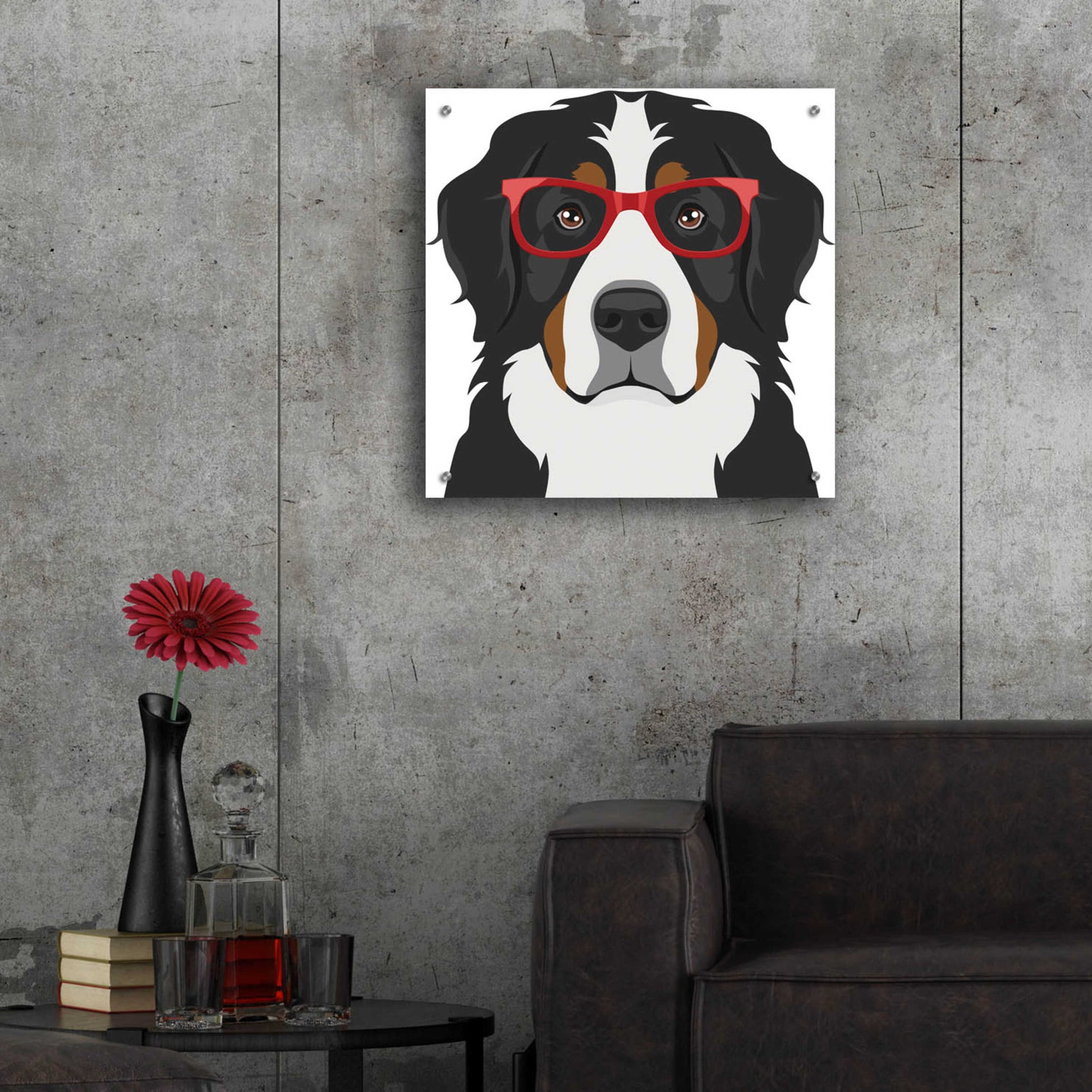 Epic Art 'Bernese Mountain Dog Wearing Hipster Glasses' by Furbaby Affiliates, Acrylic Glass Wall Art,24x24