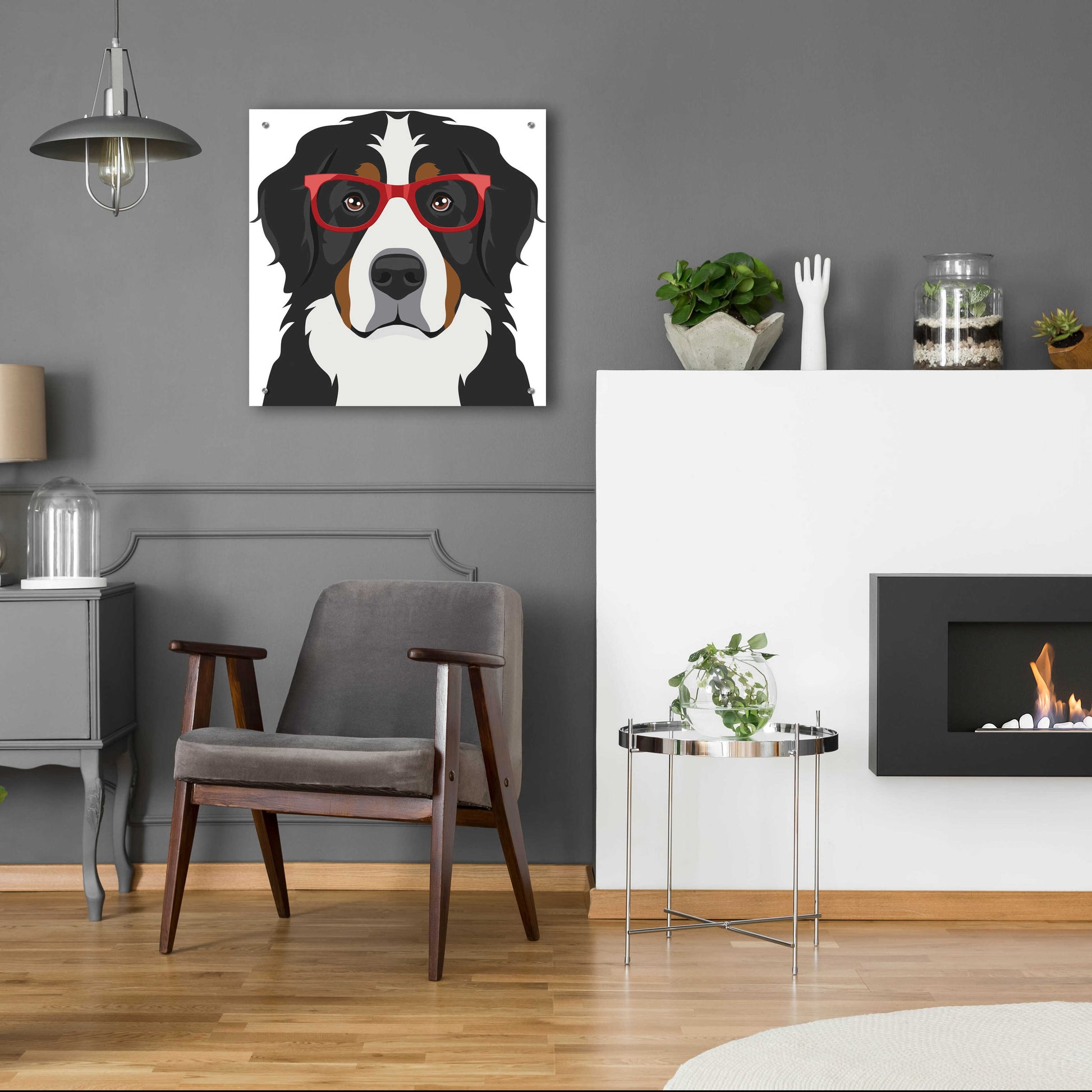 Epic Art 'Bernese Mountain Dog Wearing Hipster Glasses' by Furbaby Affiliates, Acrylic Glass Wall Art,24x24