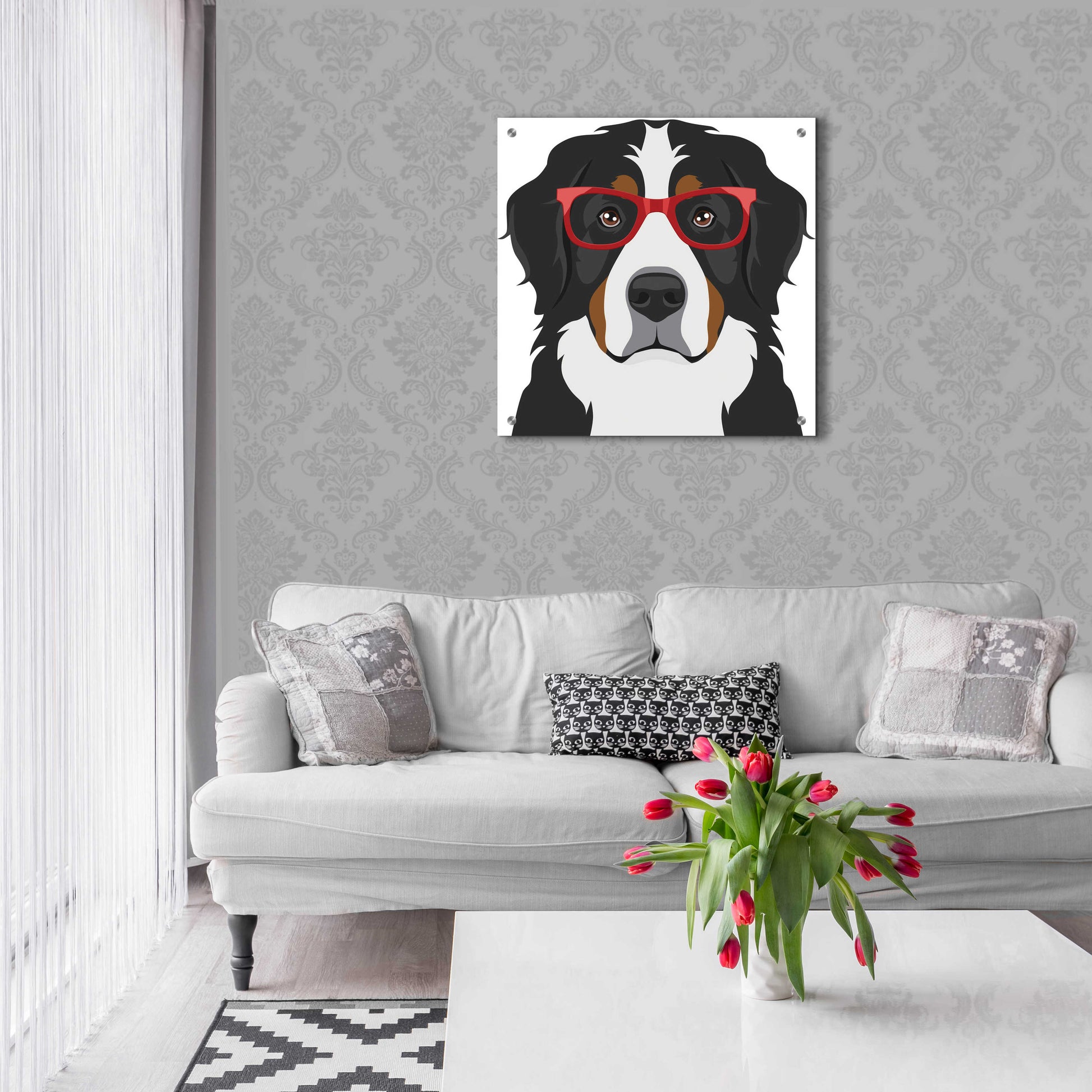 Epic Art 'Bernese Mountain Dog Wearing Hipster Glasses' by Furbaby Affiliates, Acrylic Glass Wall Art,24x24