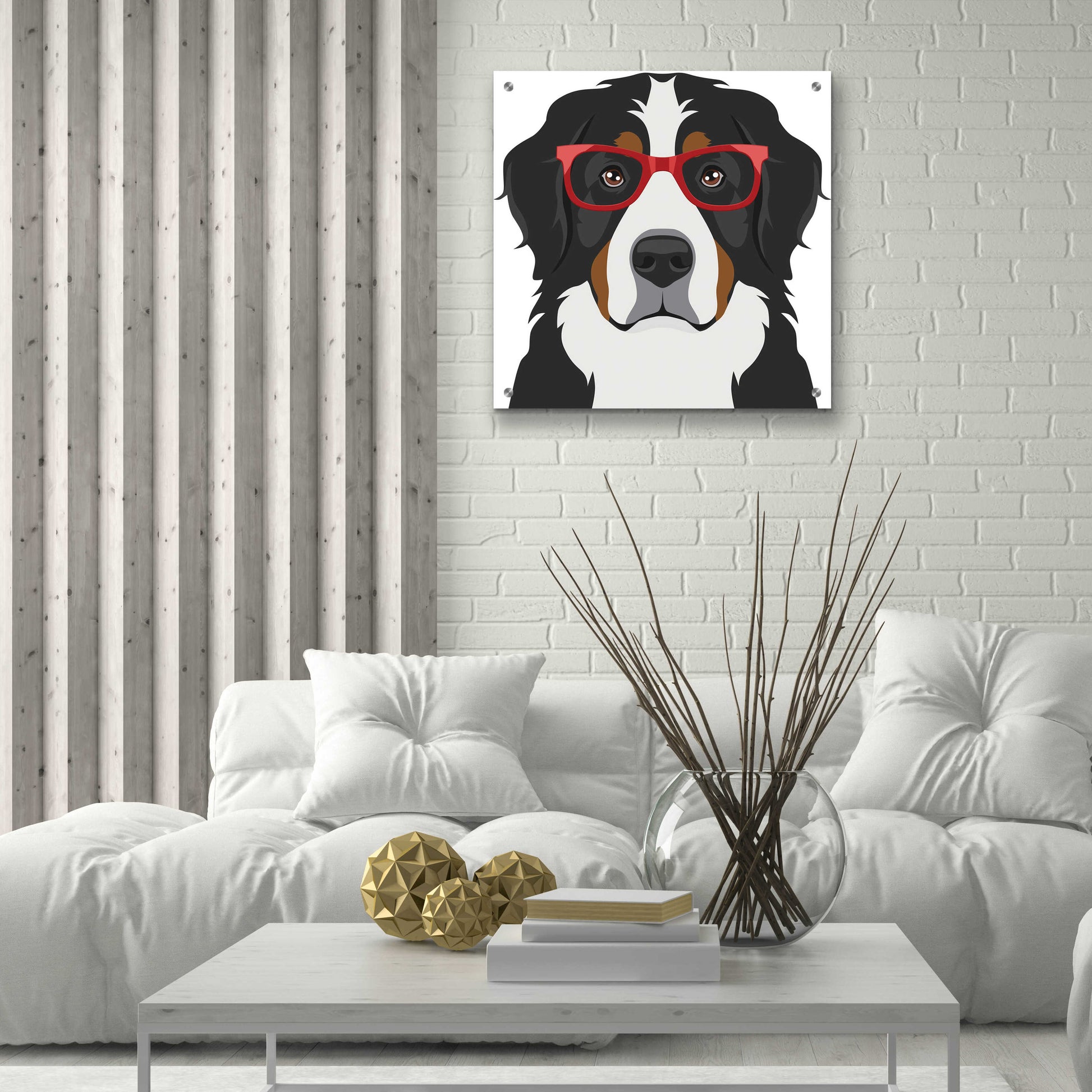 Epic Art 'Bernese Mountain Dog Wearing Hipster Glasses' by Furbaby Affiliates, Acrylic Glass Wall Art,24x24