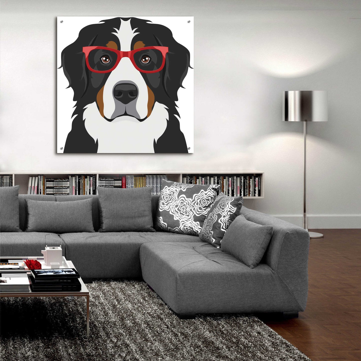 Epic Art 'Bernese Mountain Dog Wearing Hipster Glasses' by Furbaby Affiliates, Acrylic Glass Wall Art,36x36