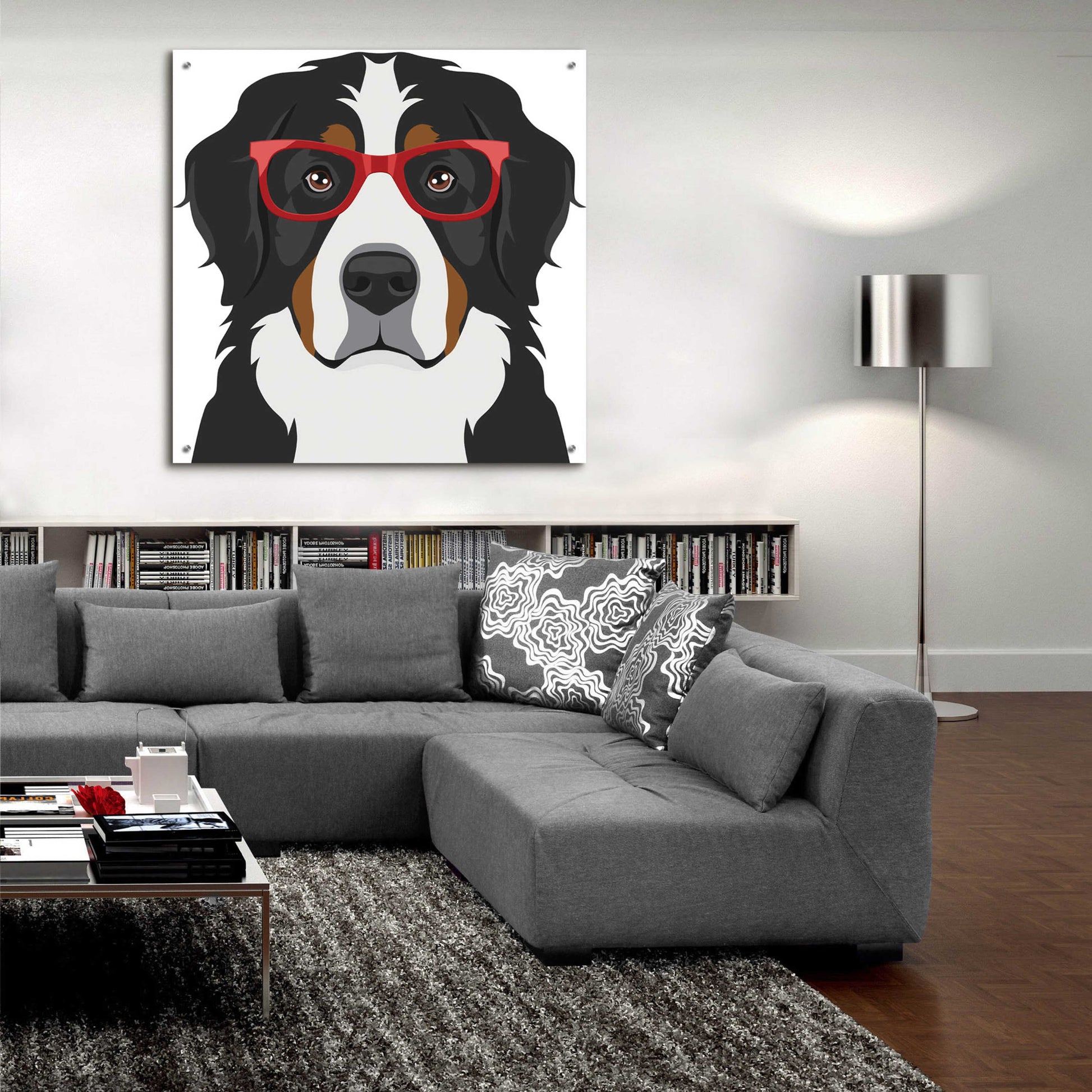 Epic Art 'Bernese Mountain Dog Wearing Hipster Glasses' by Furbaby Affiliates, Acrylic Glass Wall Art,36x36