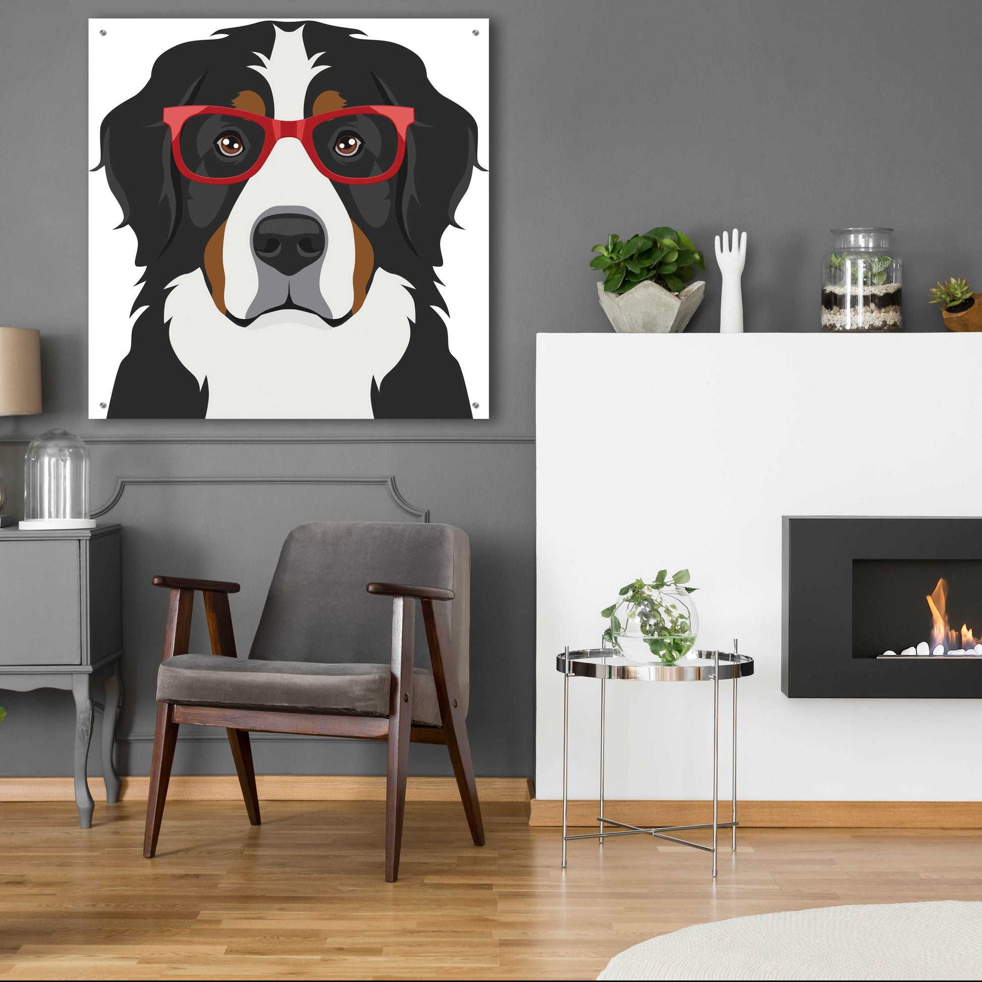 Epic Art 'Bernese Mountain Dog Wearing Hipster Glasses' by Furbaby Affiliates, Acrylic Glass Wall Art,36x36