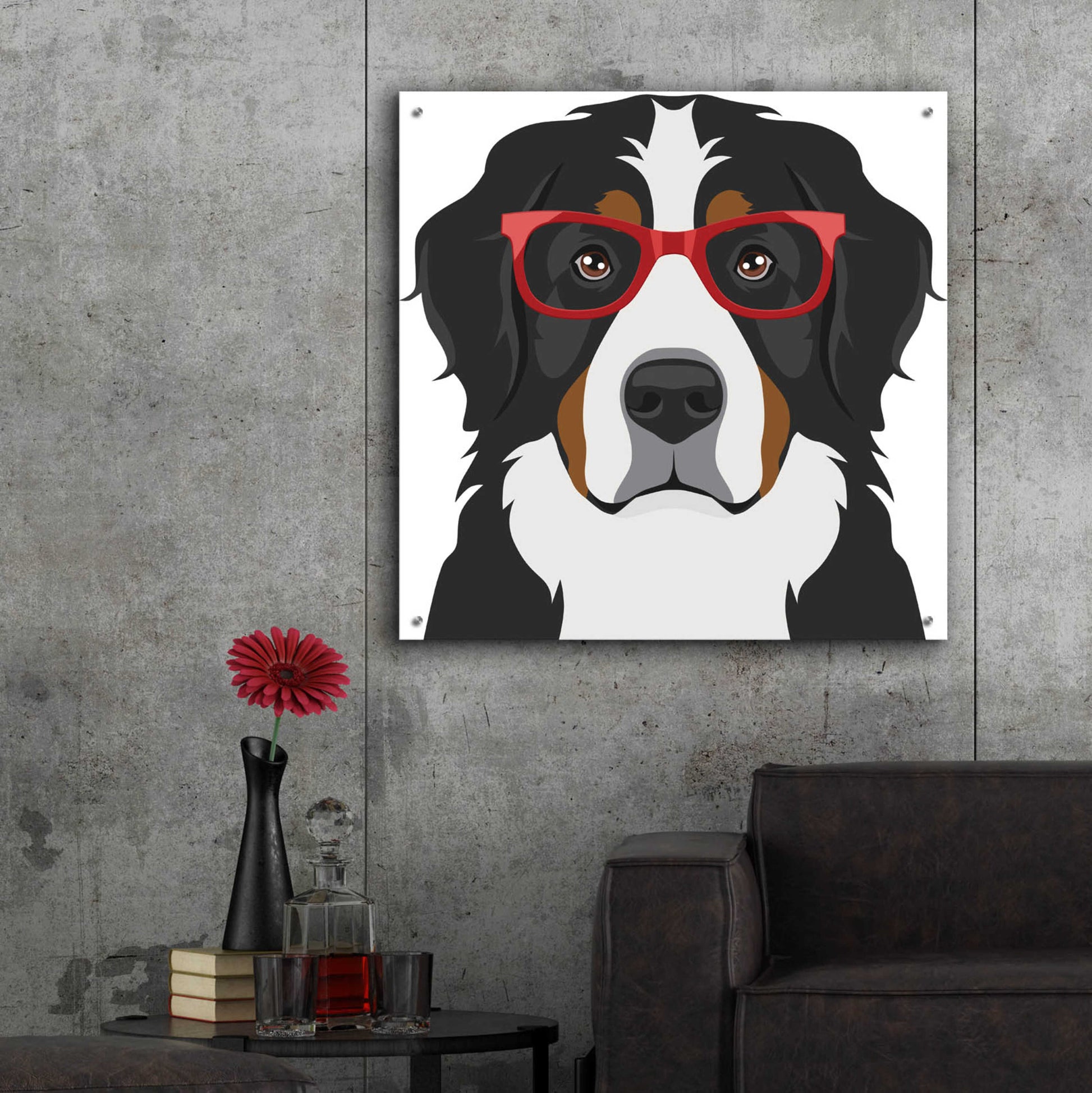 Epic Art 'Bernese Mountain Dog Wearing Hipster Glasses' by Furbaby Affiliates, Acrylic Glass Wall Art,36x36