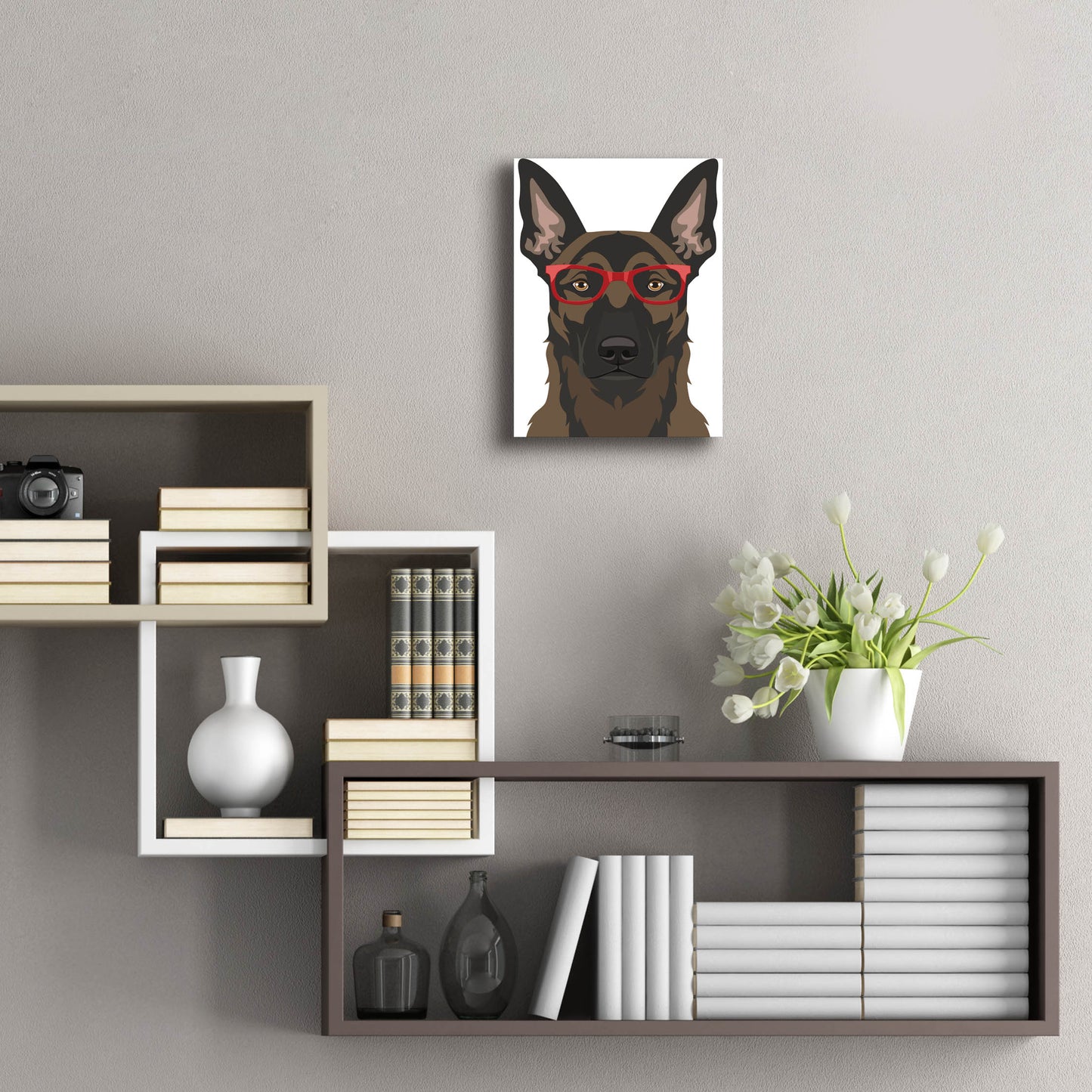 Epic Art 'Belgian Malinois Wearing Hipster Glasses' by Furbaby Affiliates, Acrylic Glass Wall Art,12x16