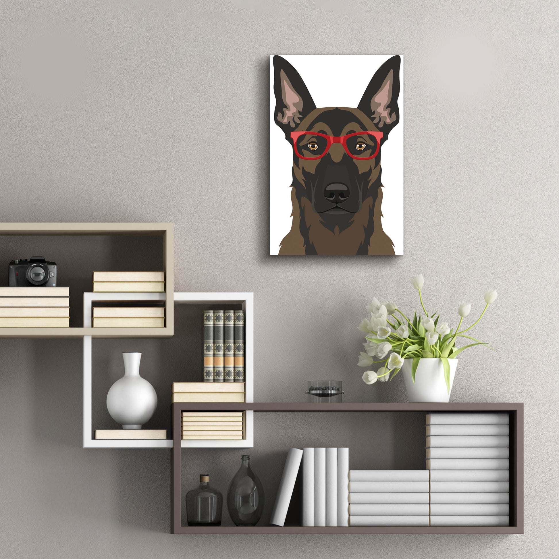 Epic Art 'Belgian Malinois Wearing Hipster Glasses' by Furbaby Affiliates, Acrylic Glass Wall Art,16x24