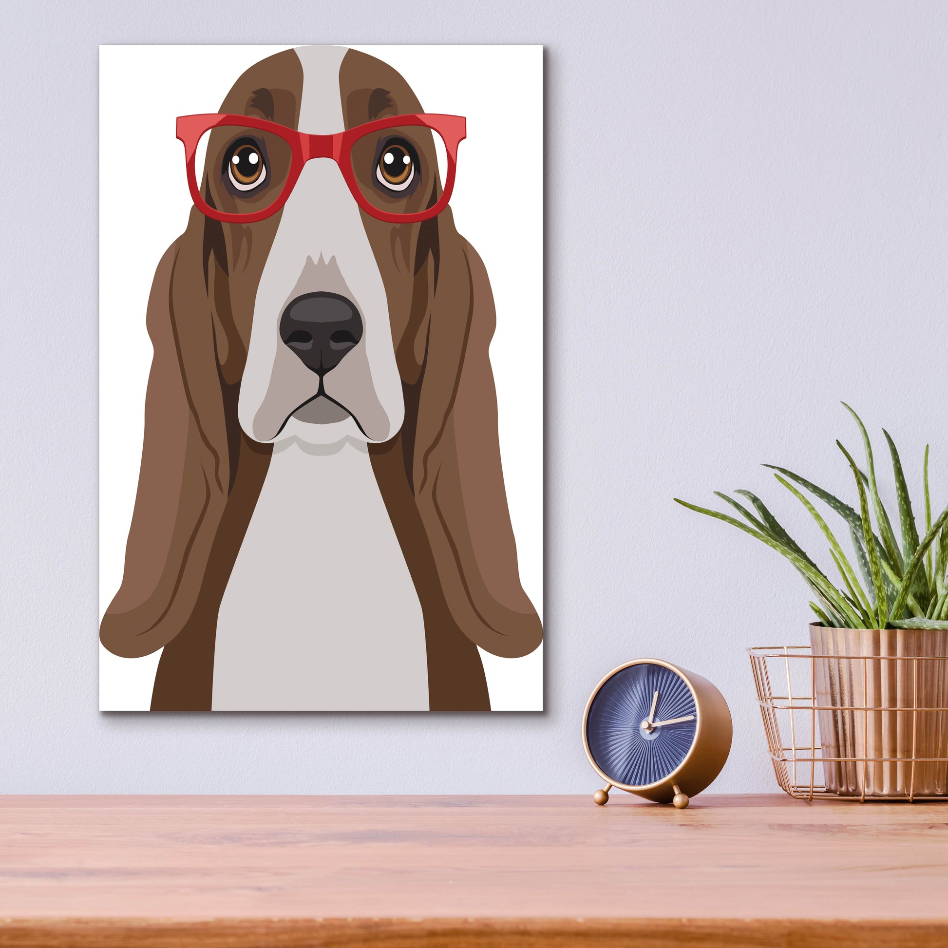 Epic Art 'Basset Hound Wearing Hipster Glasses' by Olga and Alexey Drozdov, Acrylic Glass Wall Art,12x16